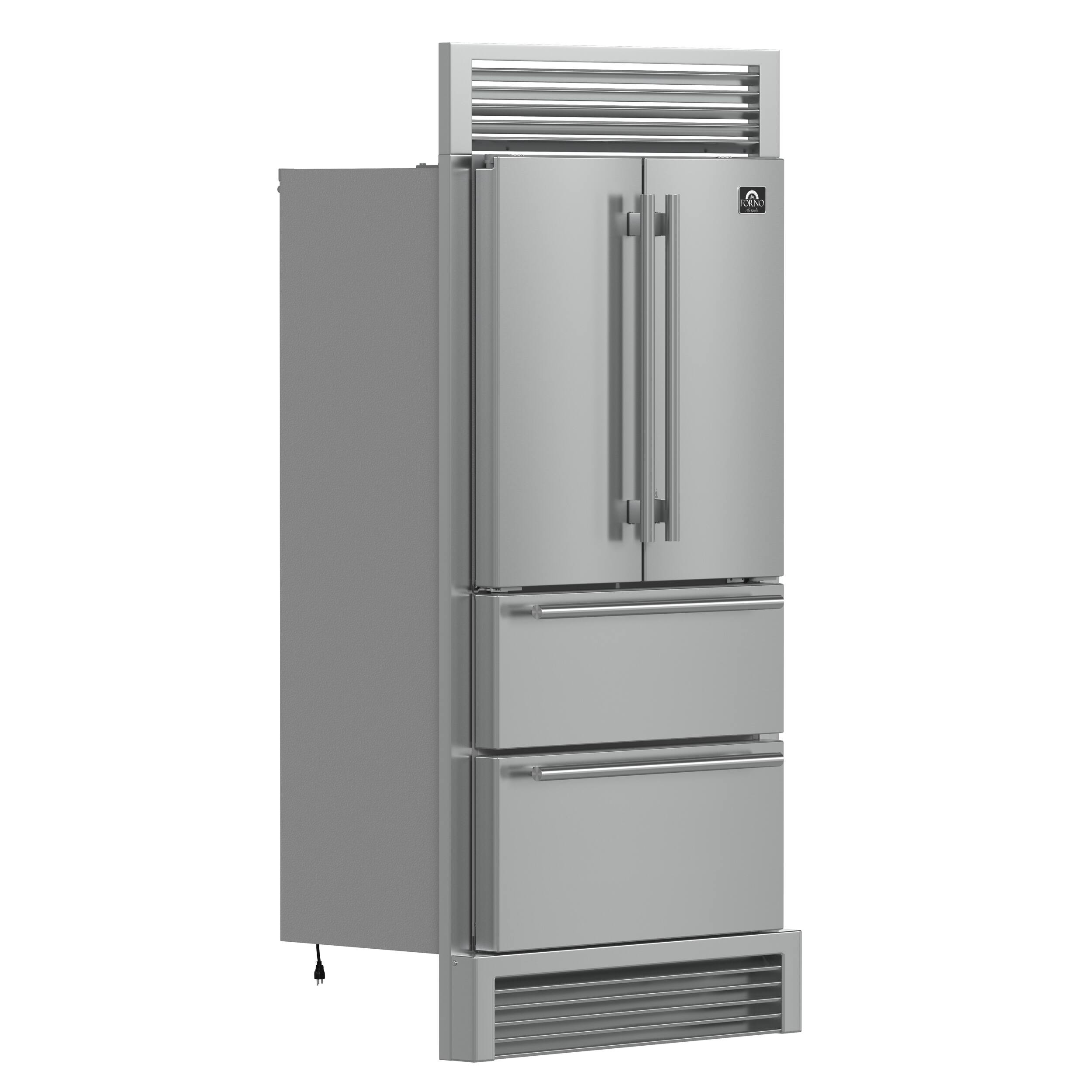 Left. Forno Appliances - Moena 19.2 Cu. Ft. Built-In French Door Refrigerator with Decorative Trim Grill - Stainless Steel VCM.