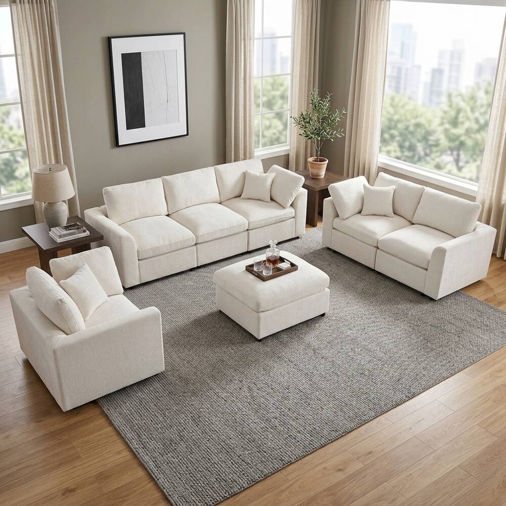 Angle. Loheer - Loheer 4-Piece Modular Sofa Set Chenille Deep Seat Living Room Couch with Ottoman - Beige.
