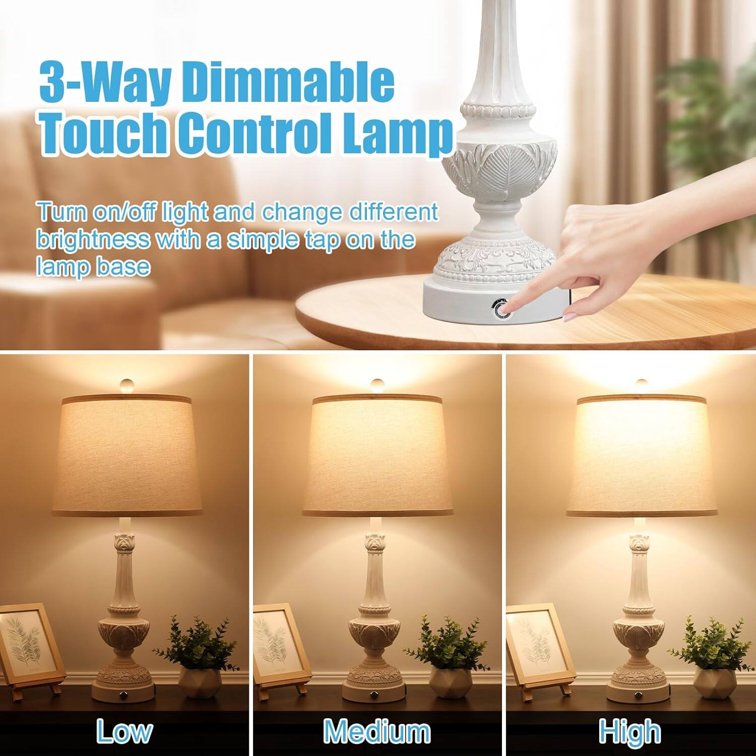 3-Way Dimmable Touch Control Lamp

Turn on/off light and change different brightness with a simple tap on the lamp base

Low  
Medium  
High