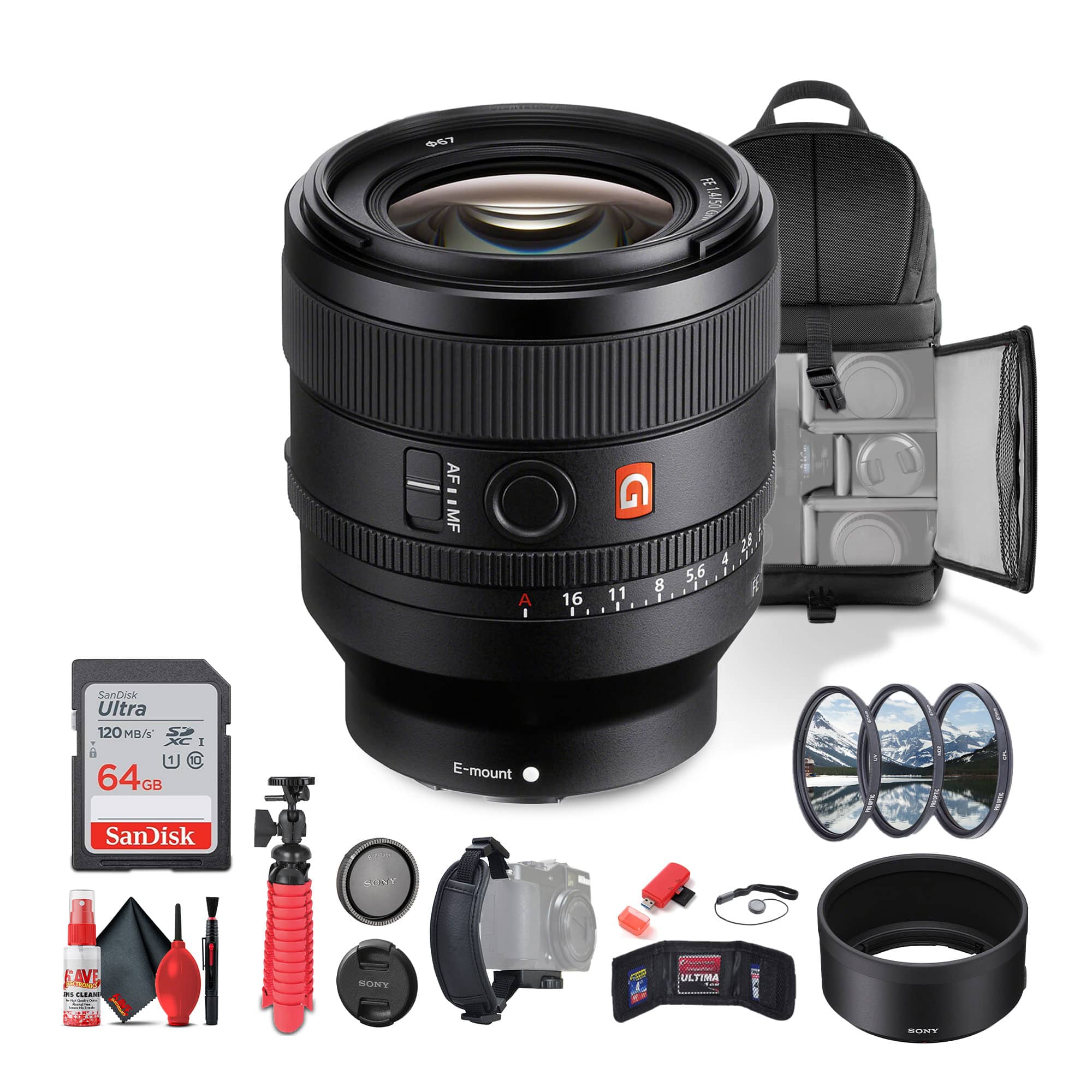 Sony - FE 50mm f/1.4 GM Lens (Sony E) (SEL50F14GM) + 64GB Card + Filter Kit + More Bundle w (International Version)
