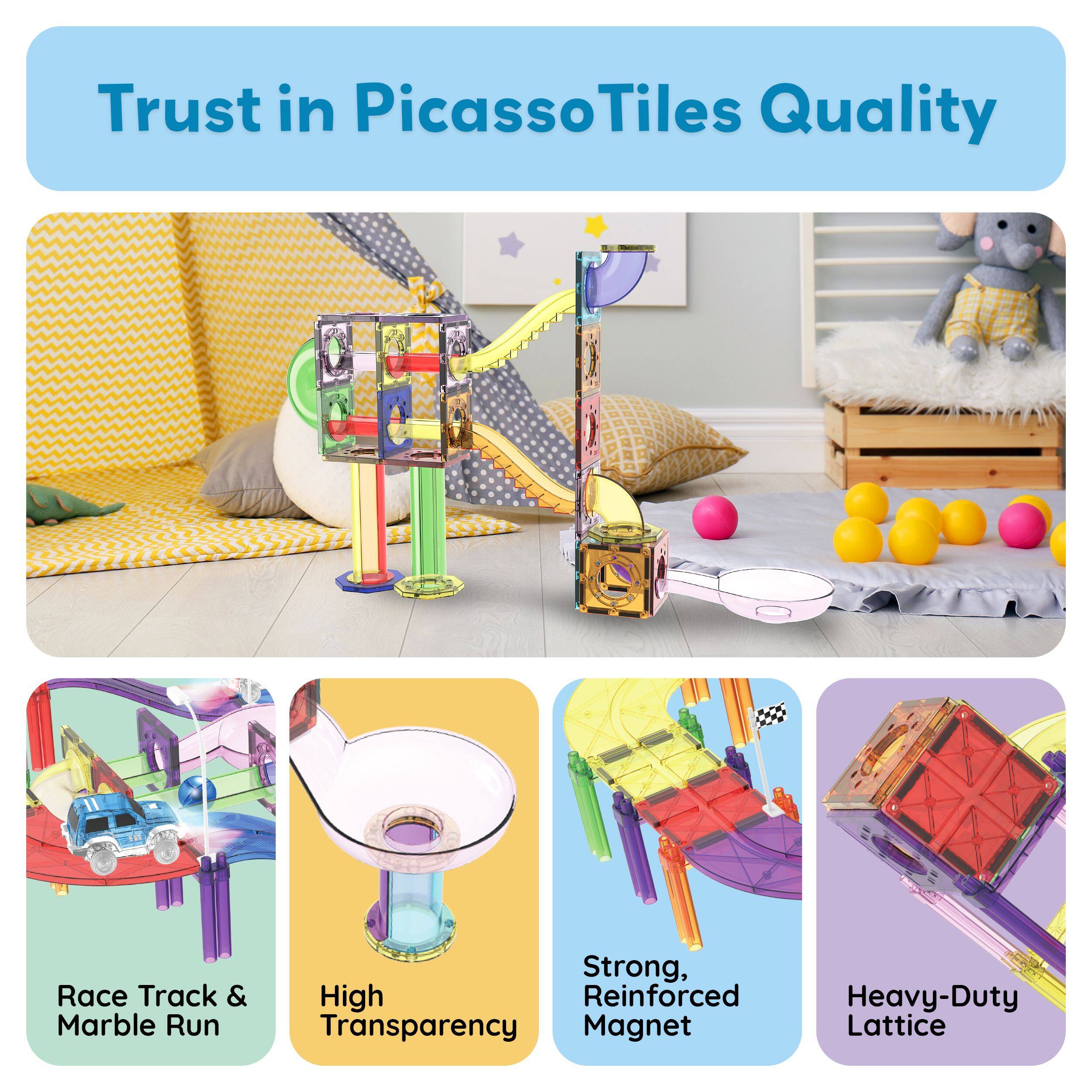 Trust in PicassoTiles Quality

- Race Track & Marble Run
- High Transparency
- Strong, Reinforced Magnet
- Heavy-Duty Lattice