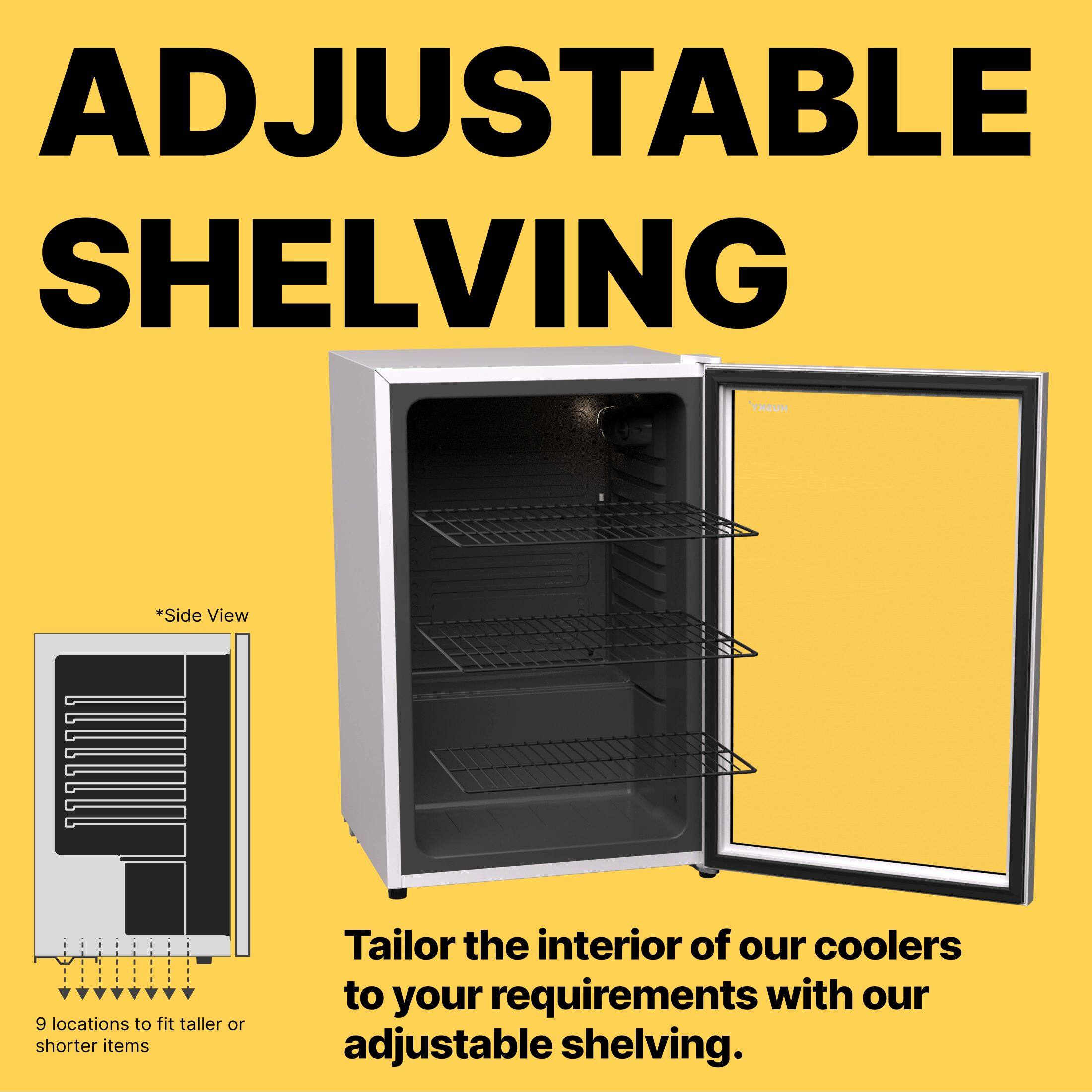 ADJUSTABLE SHELVING

*Side View

9 locations to fit taller or shorter items

Tailor the interior of our coolers to your requirements with our adjustable shelving.