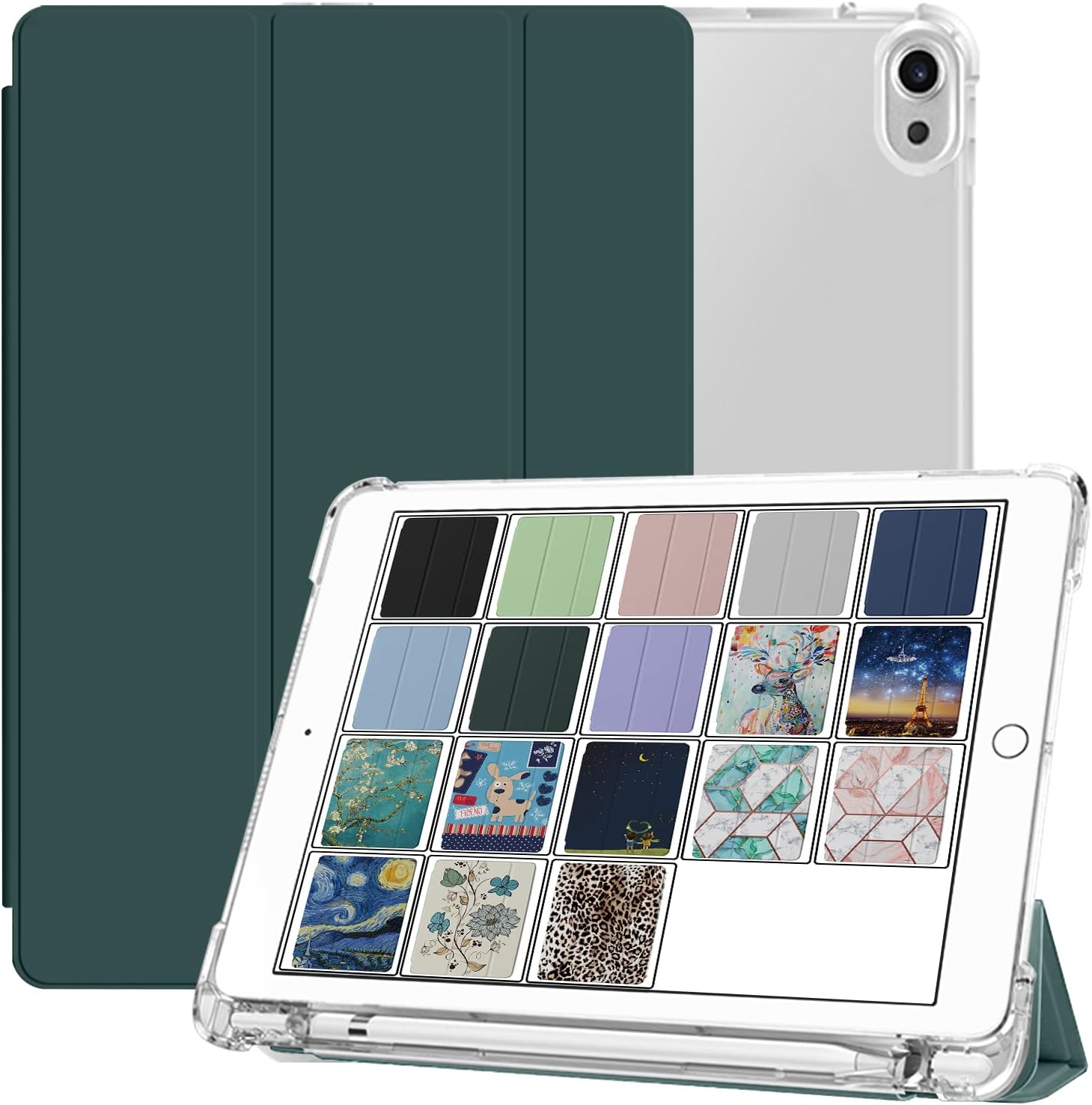 Front. DuraSafe Cases - iPad Air 5th/4th Gen 10.9" 2022/2020 Slim Clear Pencil-Holder Cover with Auto Sleep/Wake A2316 A2324 A2325 A2072 A2588 - Dark Green.