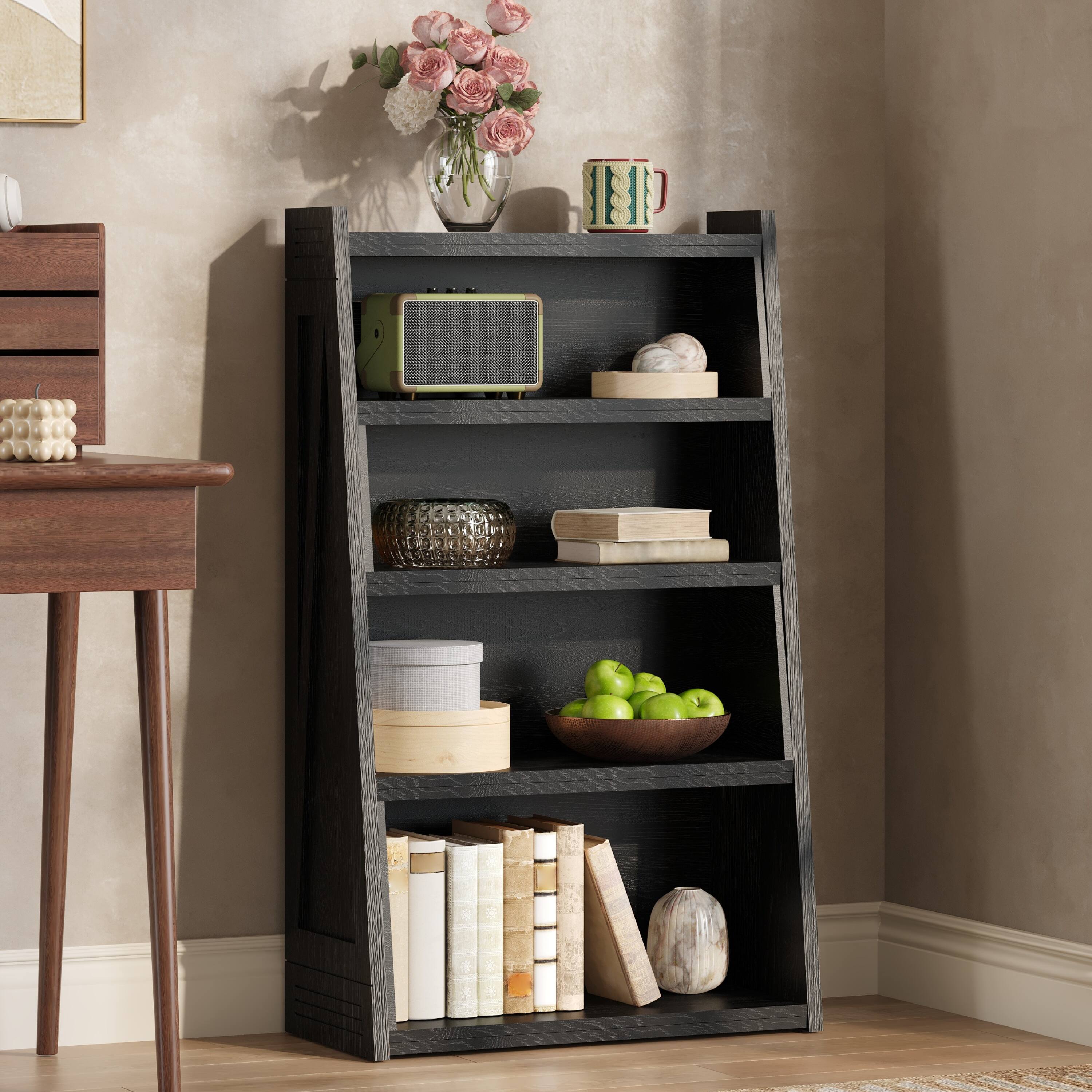 Back. MERAVOM - Wooden Expandable Bookshelf Storage Rack, 4-Tier L-Shaped Adjustable 2-Piece Bookcase, Extendable up to 47" for Corner - Black.