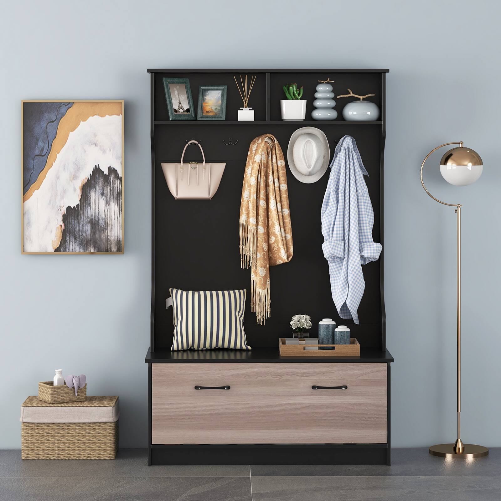 Angle. SlickBlue - 3-in-1 Coat Rack with Entryway Bench, Hooks, and Enclosed Storage Cabinet - Black.