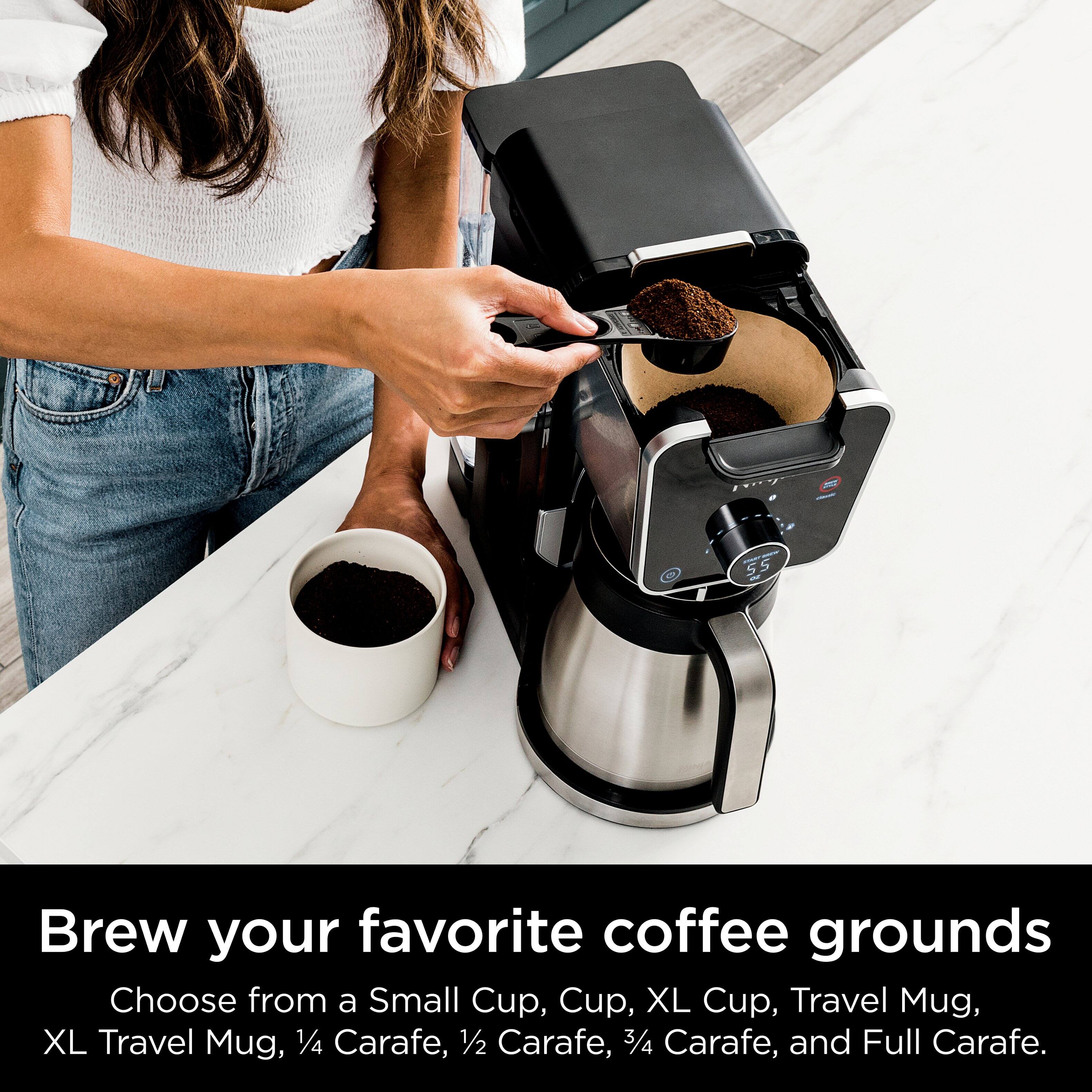 Brew your favorite coffee grounds. Choose from a Small Cup, Cup, XL Cup, Travel Mug, XL Travel Mug, 1/4 Carafe, 1/2 Carafe, 3/4 Carafe, and Full Carafe.