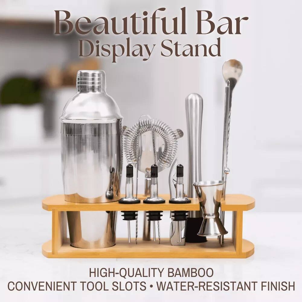 Beautiful Bar Display Stand

HIGH-QUALITY BAMBOO  
CONVENIENT TOOL SLOTS  
WATER-RESISTANT FINISH