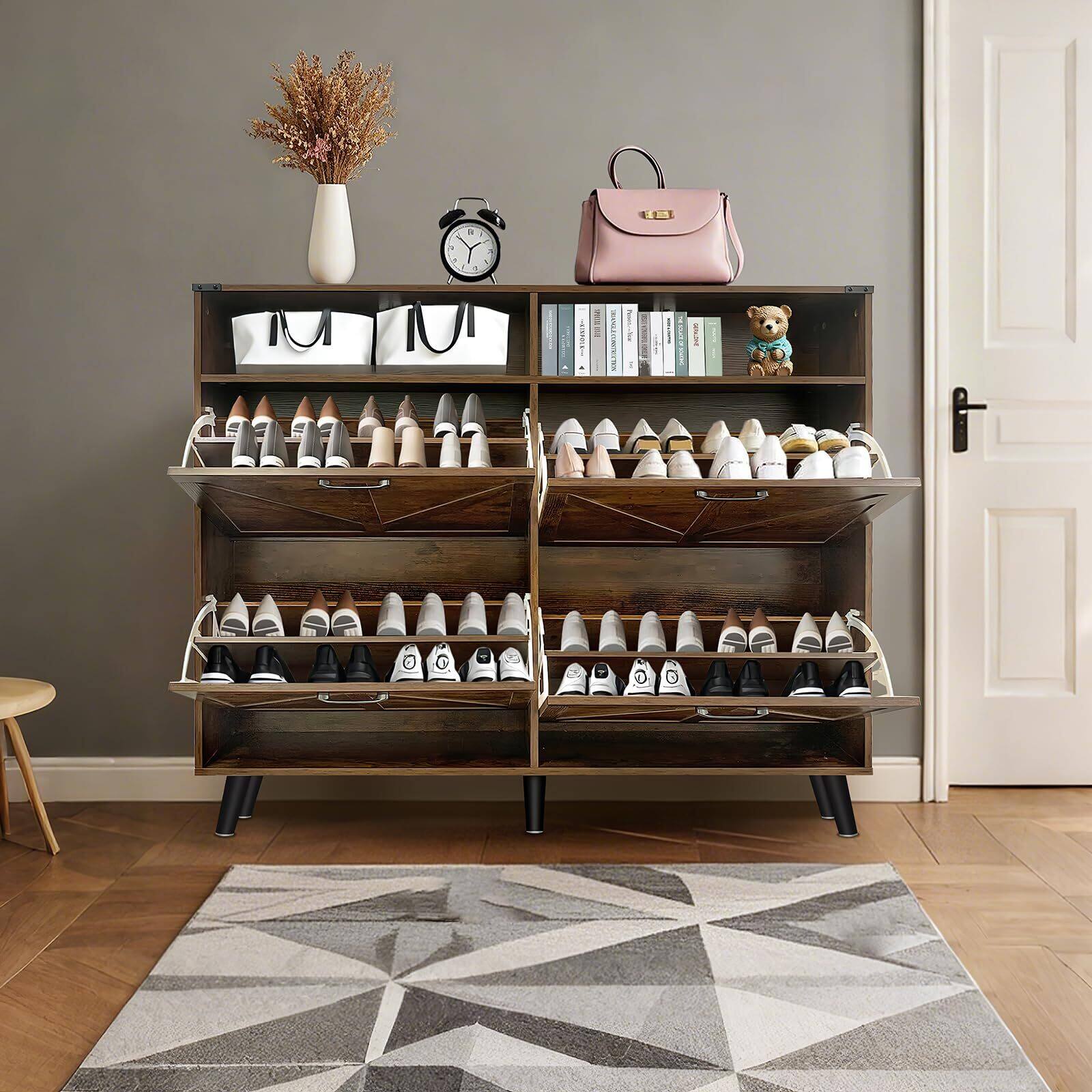 Alt View 7. Babevy - Farmhouse Shoe Storage Cabinet with 4 Flip Drawers and Open Storage, Narrow Organizer for Entryway - Brown.