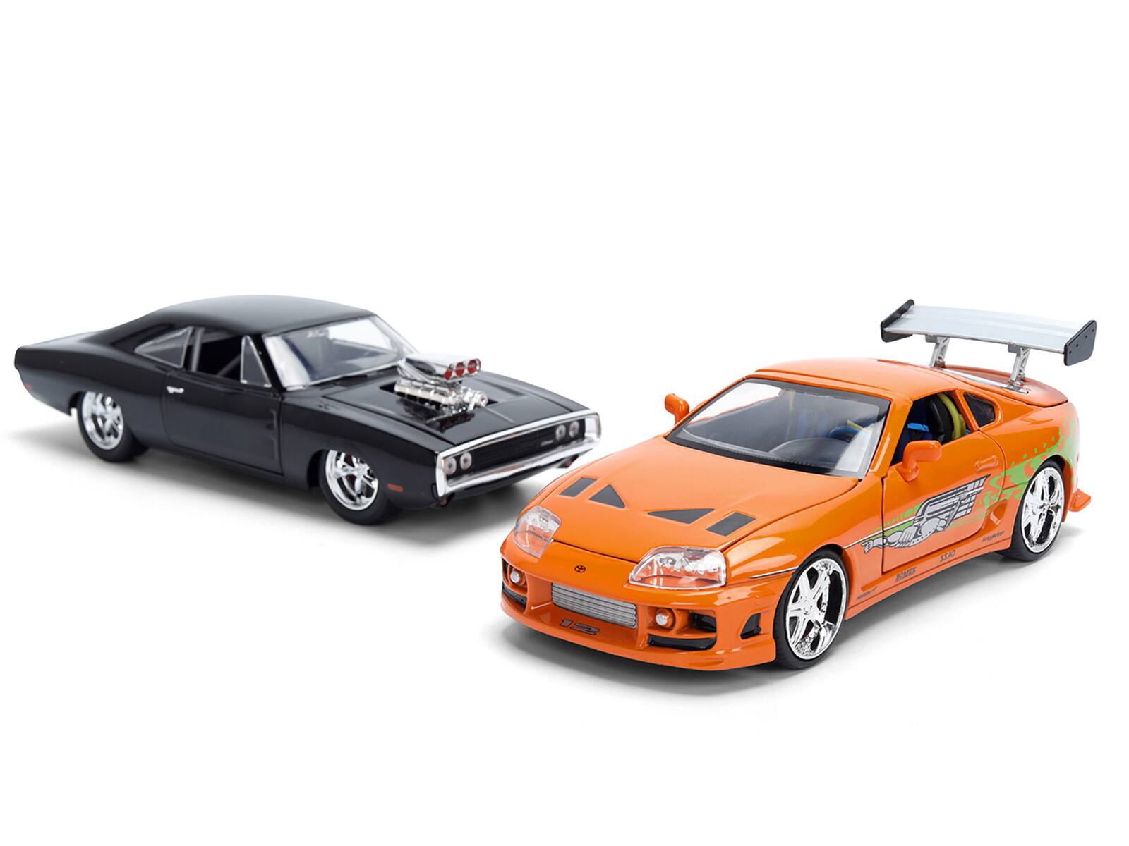 Alt View 1. Jada - Dom's 1970 Dodge Charger R/T Black and Brian's Toyota Supra Orange with Graphics Set 1/24 Diecast Model Cars by Jada.