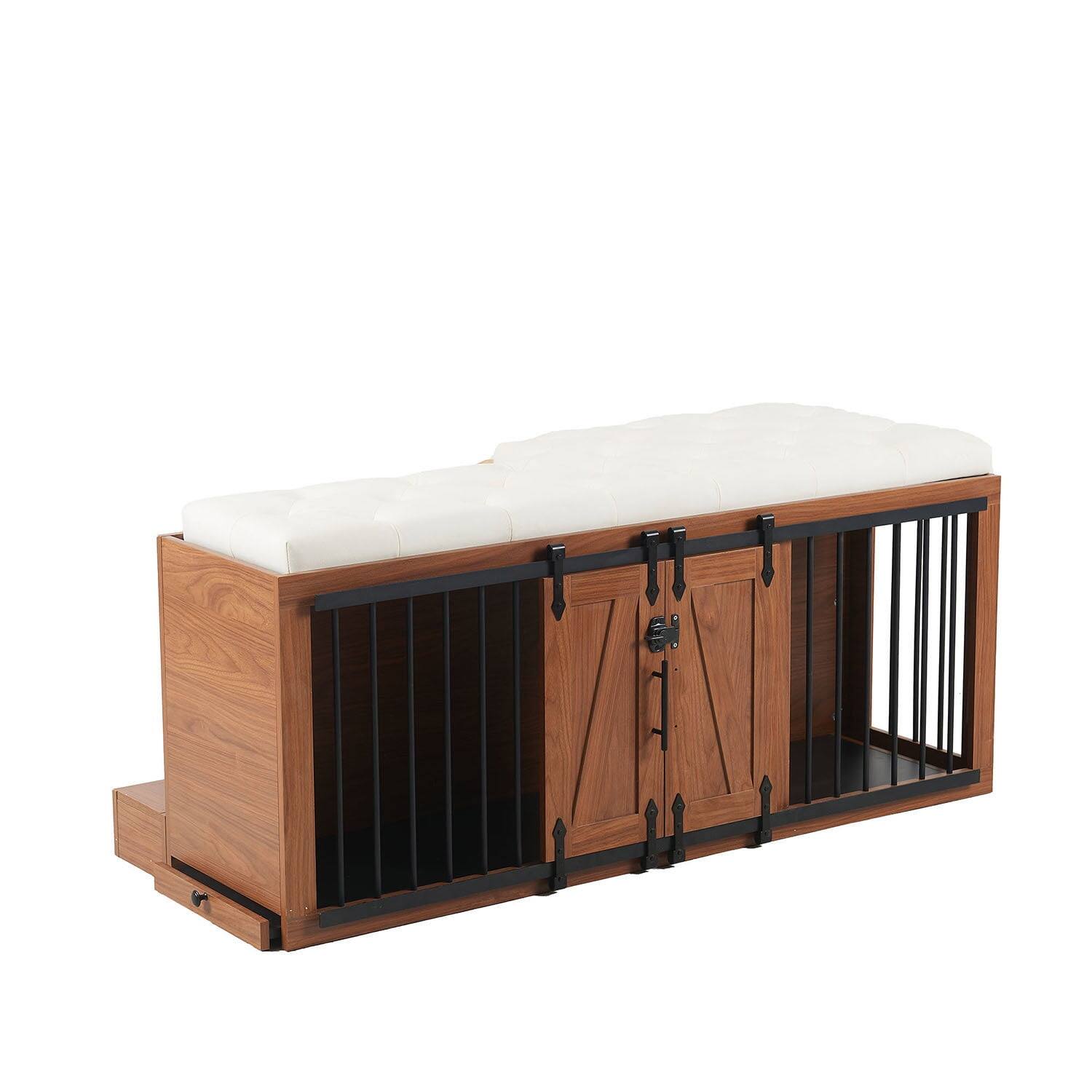 Alt View 4. Pefilos - 56"L Furniture Style Dog Crate with Removable Cushion and Sliding Door, Wood Kennel & Bench Ottoman for Bedrooms.