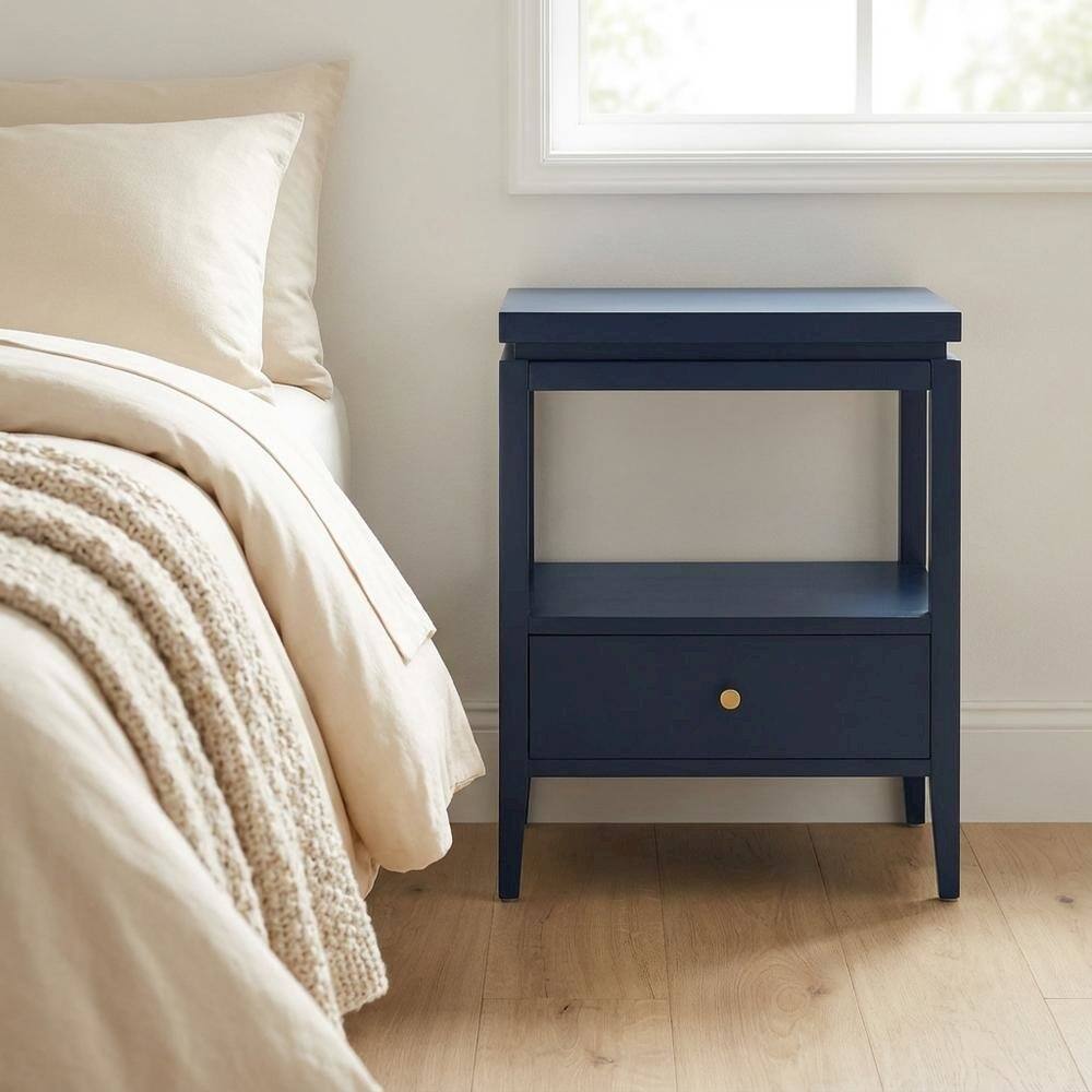 Left. FurniFact - Midnight Blue Nightstand with Gold Hardware, Casual Farmhouse Style - Blue.