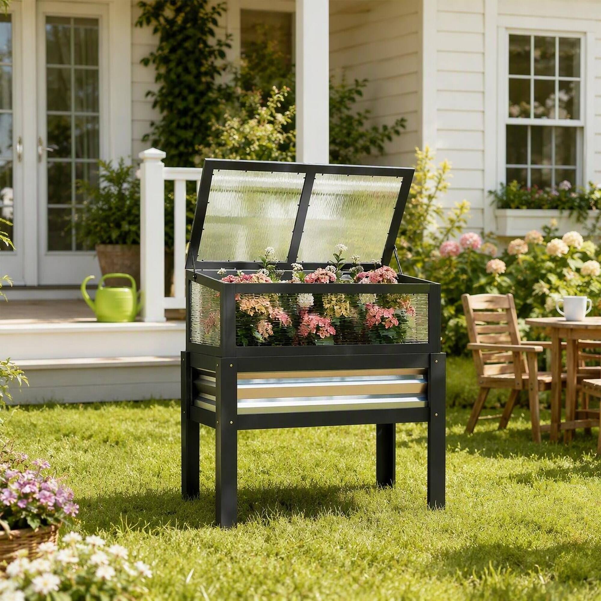 Alt View 1. RYHNUYNE - Raised Garden Bed with Flip-Up Cold Frame, Gray Fir Wood Elevated Planter Box for Patio and Yard, 35.4 Inch Wide - Gray.