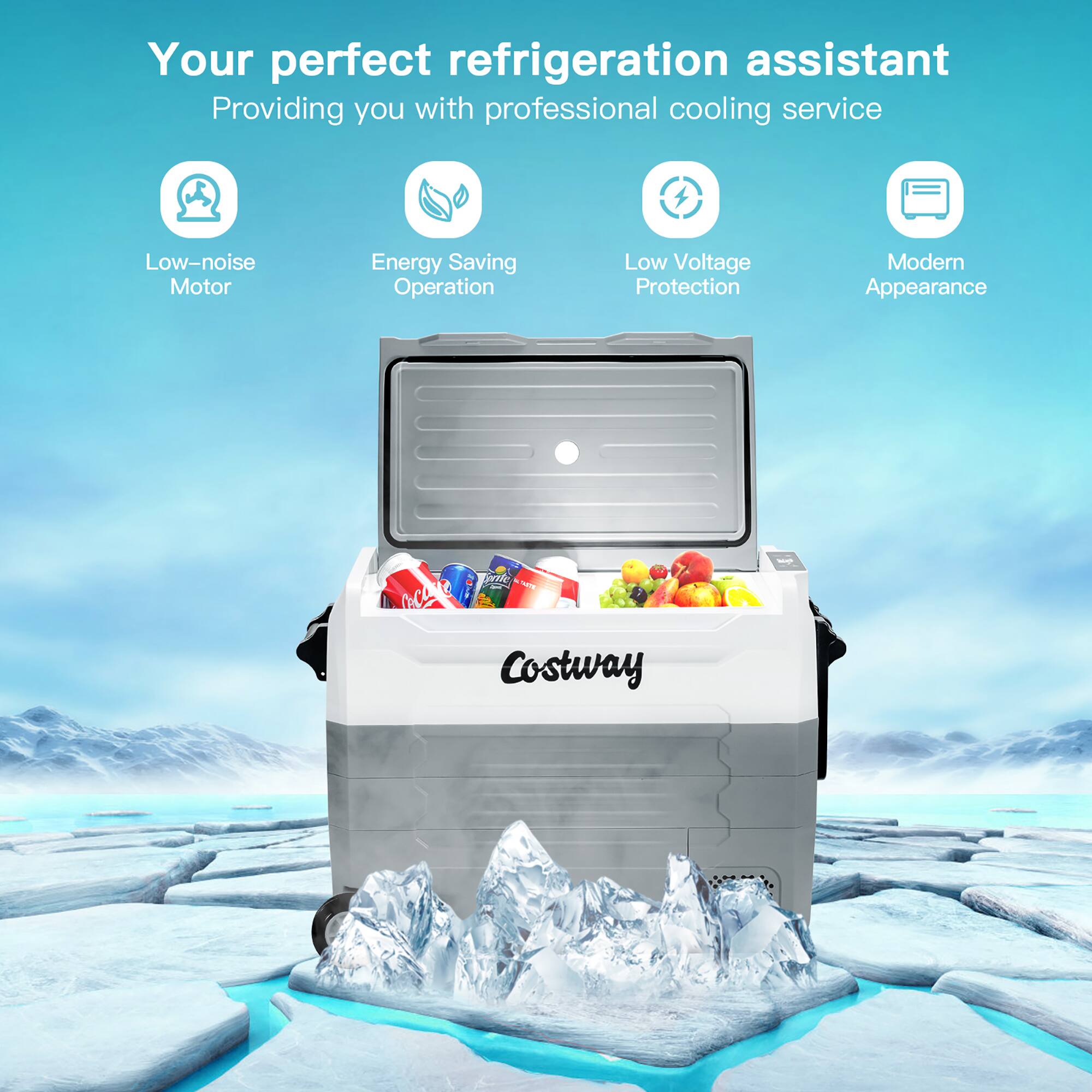 Your perfect refrigeration assistant, providing you with professional cooling service. Low-noise motor, energy-saving operation, low voltage protection, modern appearance: Costway.
