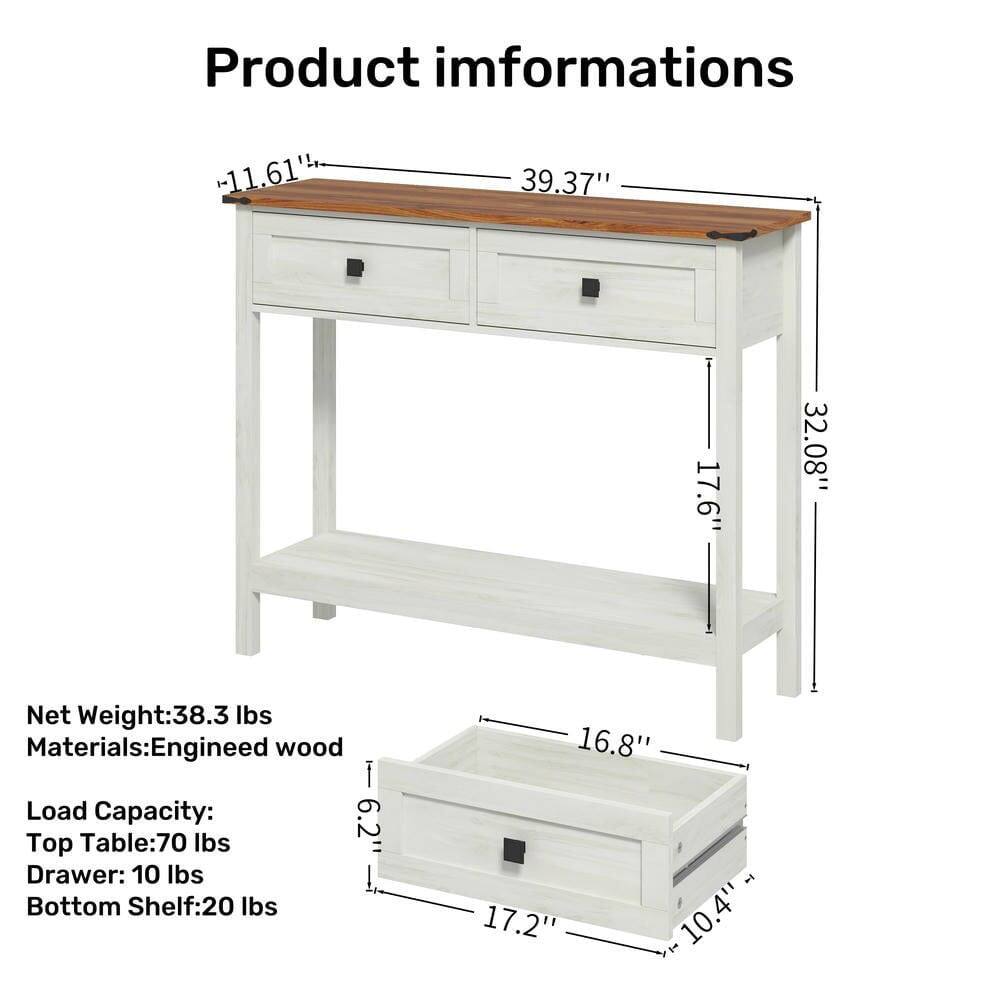 Product Information

- Dimensions: 11.61" x 39.37" x 32.08"
- Net Weight: 38.3 lbs
- Materials: Engineered wood
- Load Capacity:
  - Top Table: 70 lbs
  - Drawer: 10 lbs
  - Bottom Shelf: 20 lbs

Drawer Dimensions: 16.8" x 10.4" x 6.2"