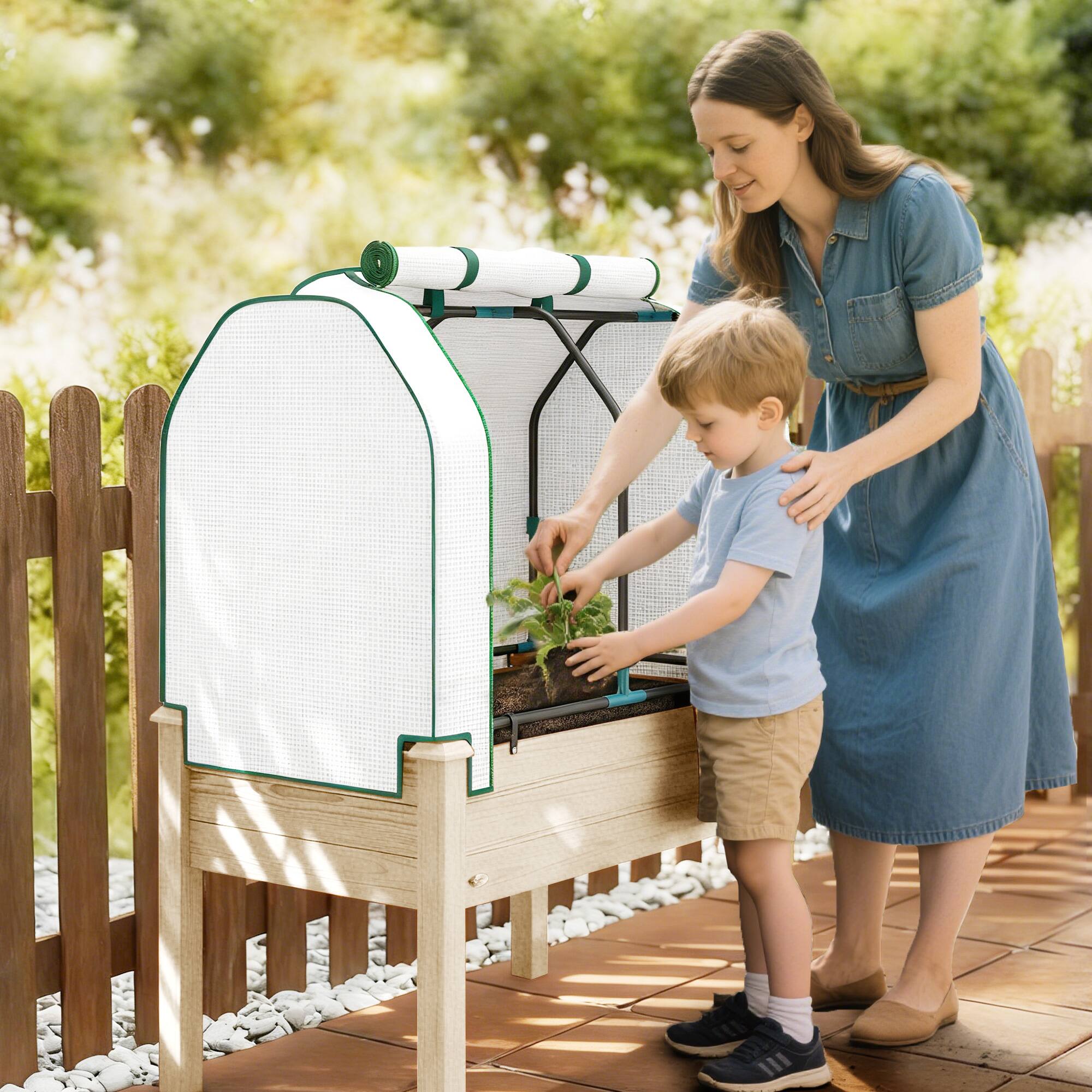 Alt View 8. Outsunny - Raised Garden Bed with PE Greenhouse Cover Outdoor Elevated Wood Planter Box for Herbs and Vegetables.