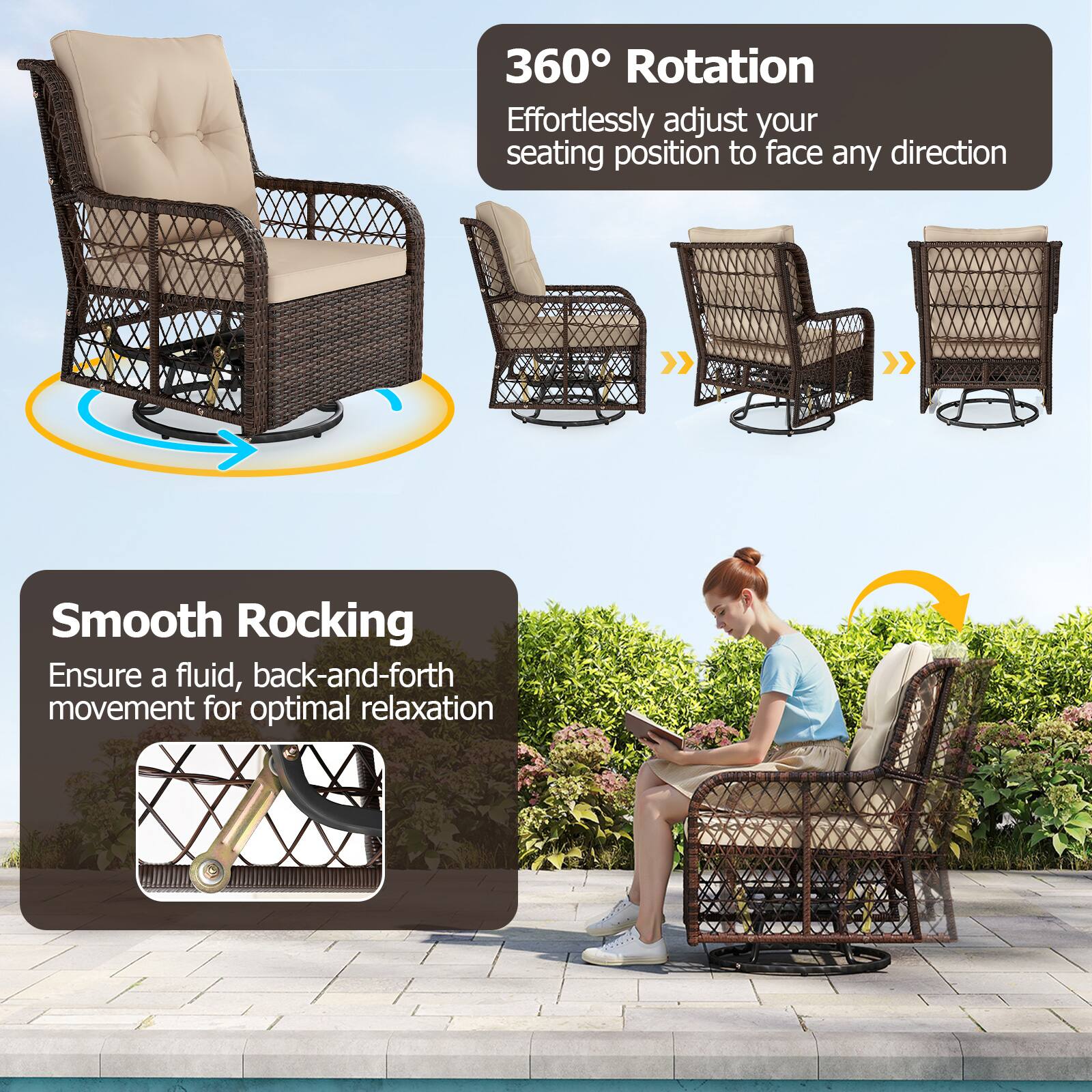 360 Rotation, Effortlessly adjust your seating position to face any direction, Smooth Rocking, Ensure a fluid, back-and-forth movement for optimal relaxation