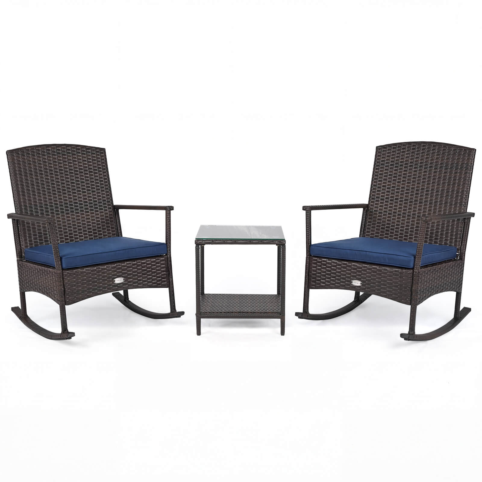 Gymax - 3 Piece Patio Rocking Bistro Set 2 Rattan Armchairs w/ 2-Tier Side Table Navy - Blue