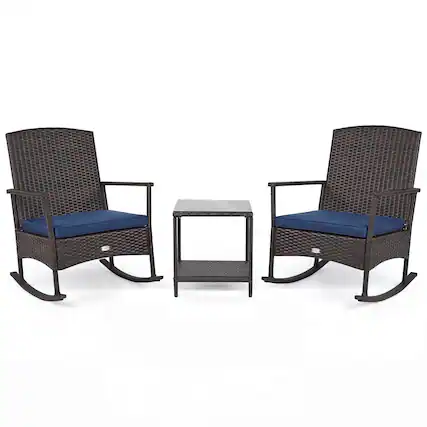 Front. Gymax - Gymax 3 Piece Patio Rocking Bistro Set 2 Rattan Armchairs w/ 2-Tier Side Table Navy - Blue.