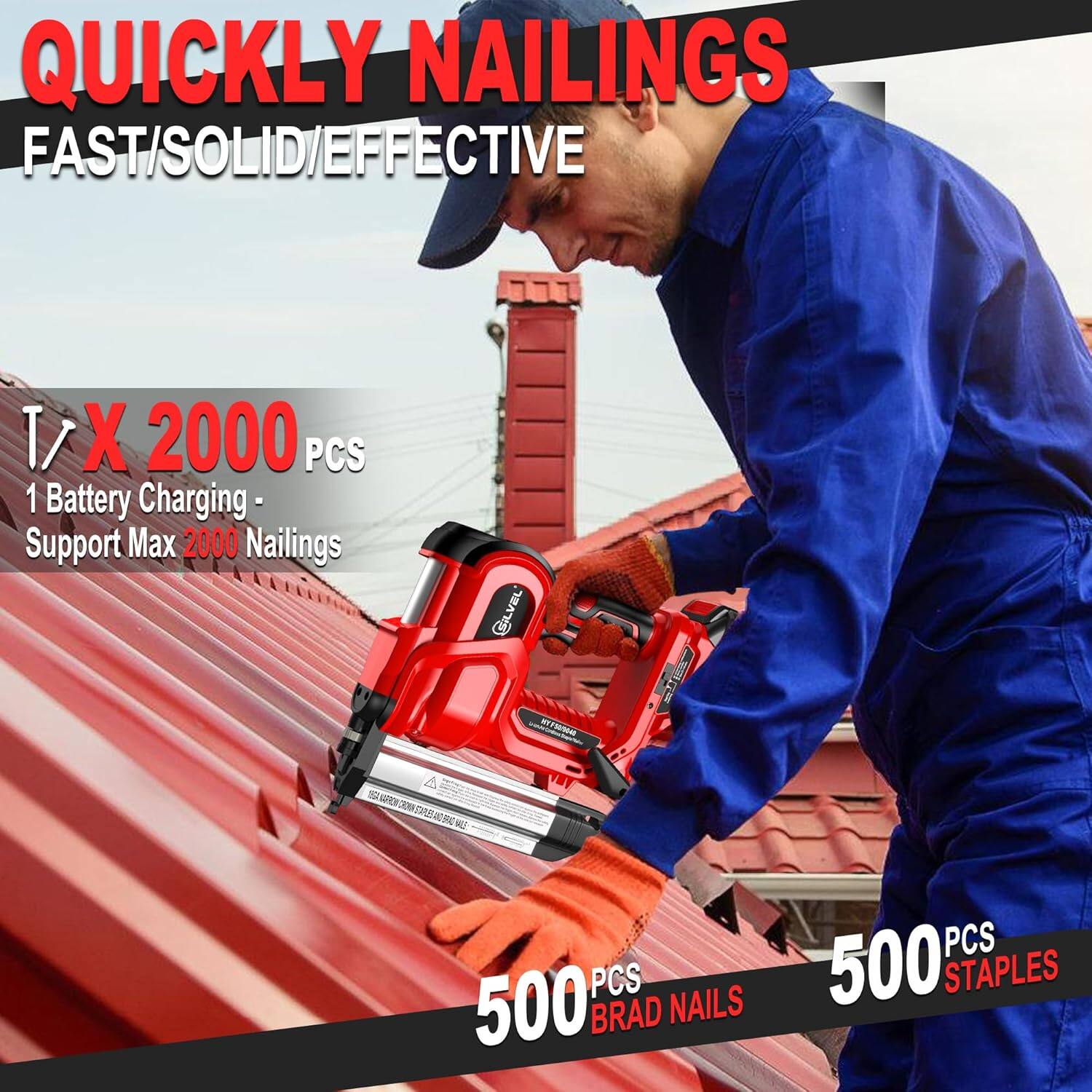 QUICKLY NAILINGS FAST/SOLID/EFFECTIVE 1/ X 2000 PCS 1 Battery Charging- Support Max 2000 Nailings 500 PCS BRAD NAILS 500 PCS STAPLES