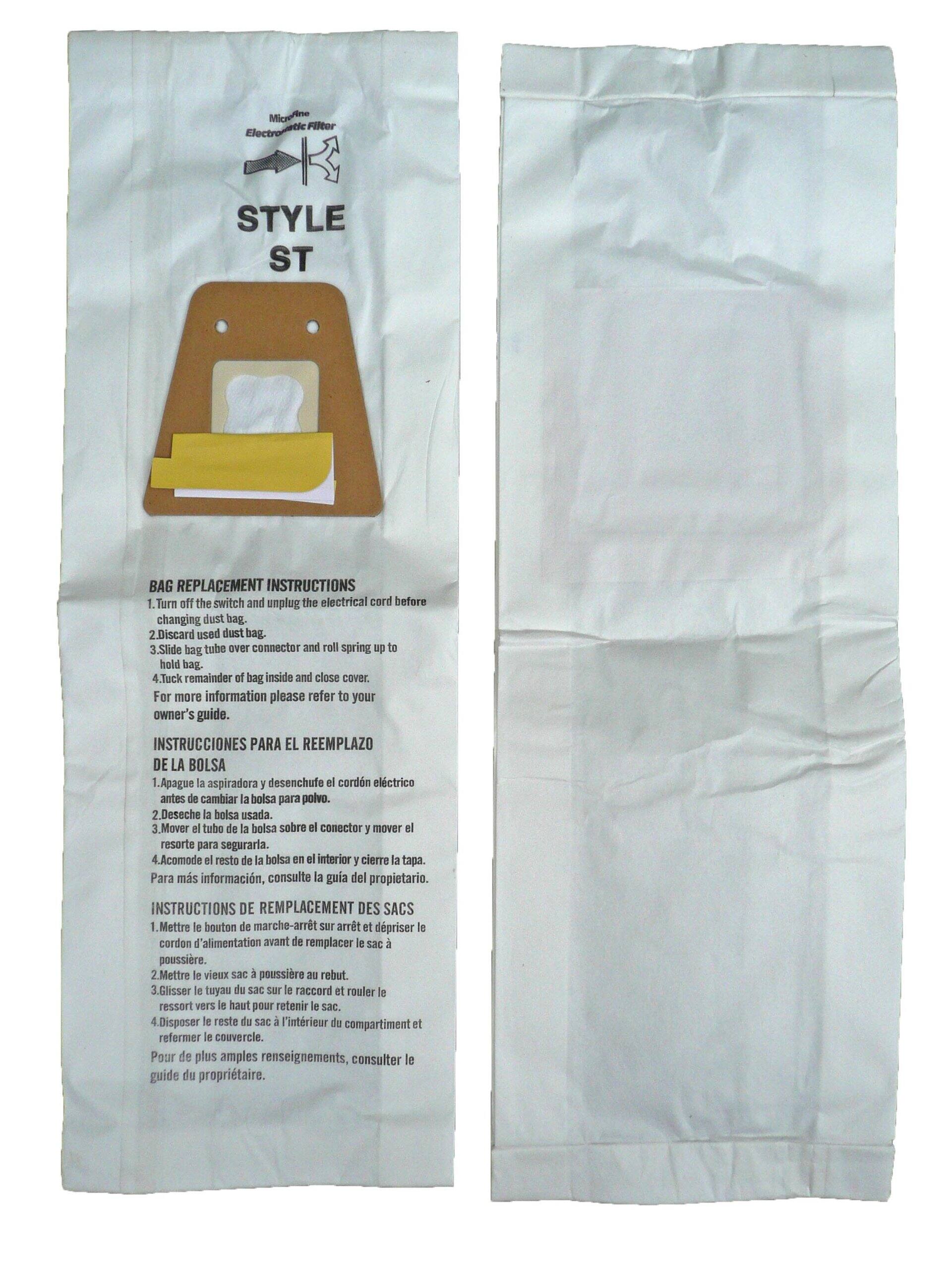 Micromax Electronic Filter  
STYLE ST  

BAG REPLACEMENT INSTRUCTIONS  
1. Turn off the switch and unplug the electrical cord before changing dust bag.  
2. Discard used dust bag.  
3. Slide bag tube over connector and roll spring up to hold bag.  
4. Tuck remainder of bag inside and close cover.  
For more information please refer to your owner's guide.  

INSTRUCCIONES PARA EL REEMPLAZO DE LA BOLSA  
1. Apague la aspiradora y desenchufe el cordón eléctrico antes de cambiar la bolsa para polvo.  
2. Deseche la bolsa usada.  
3. Mover el tubo de la bolsa sobre el conector y mover el resorte hacia arriba para retener la bolsa.  
4. Acomode el resto de la bolsa en el interior y cierre la tapa.  
Para más información, consulte la guía del propietario.  

INSTRUCTIONS DE REMPLACEMENT DES SACS  
1. Mettre le bouton de marche-arrêt sur arrêt et débrancher le cordon d'alimentation avant de remplacer le sac à poussière.