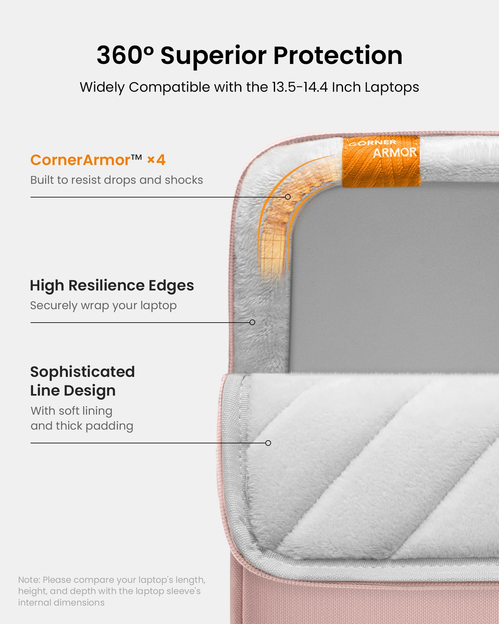 360° Superior Protection  
Widely Compatible with the 13.5-14.4 Inch Laptops  

CornerArmor™ x4  
Built to resist drops and shocks  

High Resilience Edges  
Securely wrap your laptop  

Sophisticated Line Design  
With soft lining and thick padding  

Note: Please compare your laptop's length, height, and depth with the laptop sleeve's internal dimensions