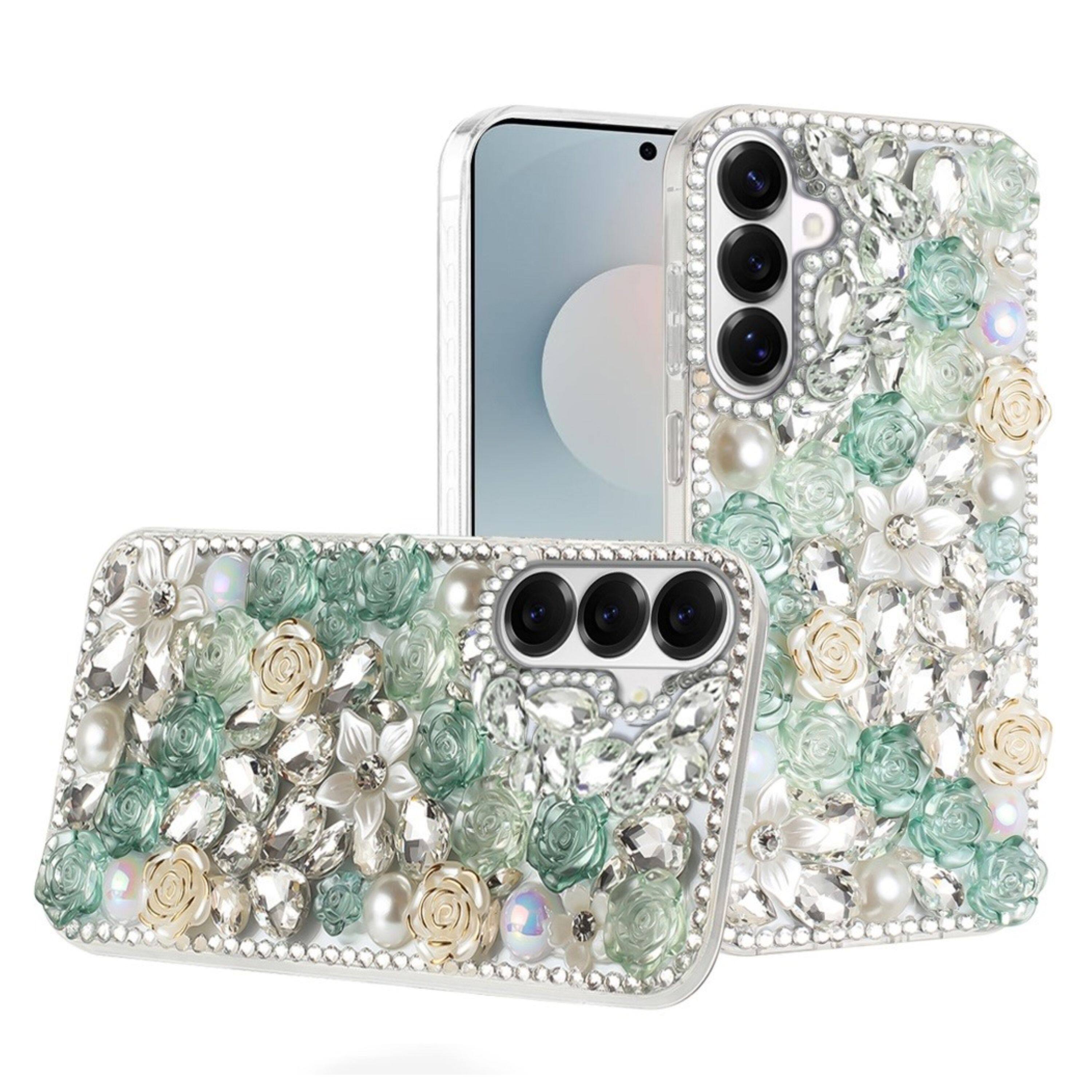 Front. Kitcheniva - Full Rhinestone 3D Rose Bling Design Phone Case With Tempered Glass For Samsung Galaxy S26+ Plus Green - Green.