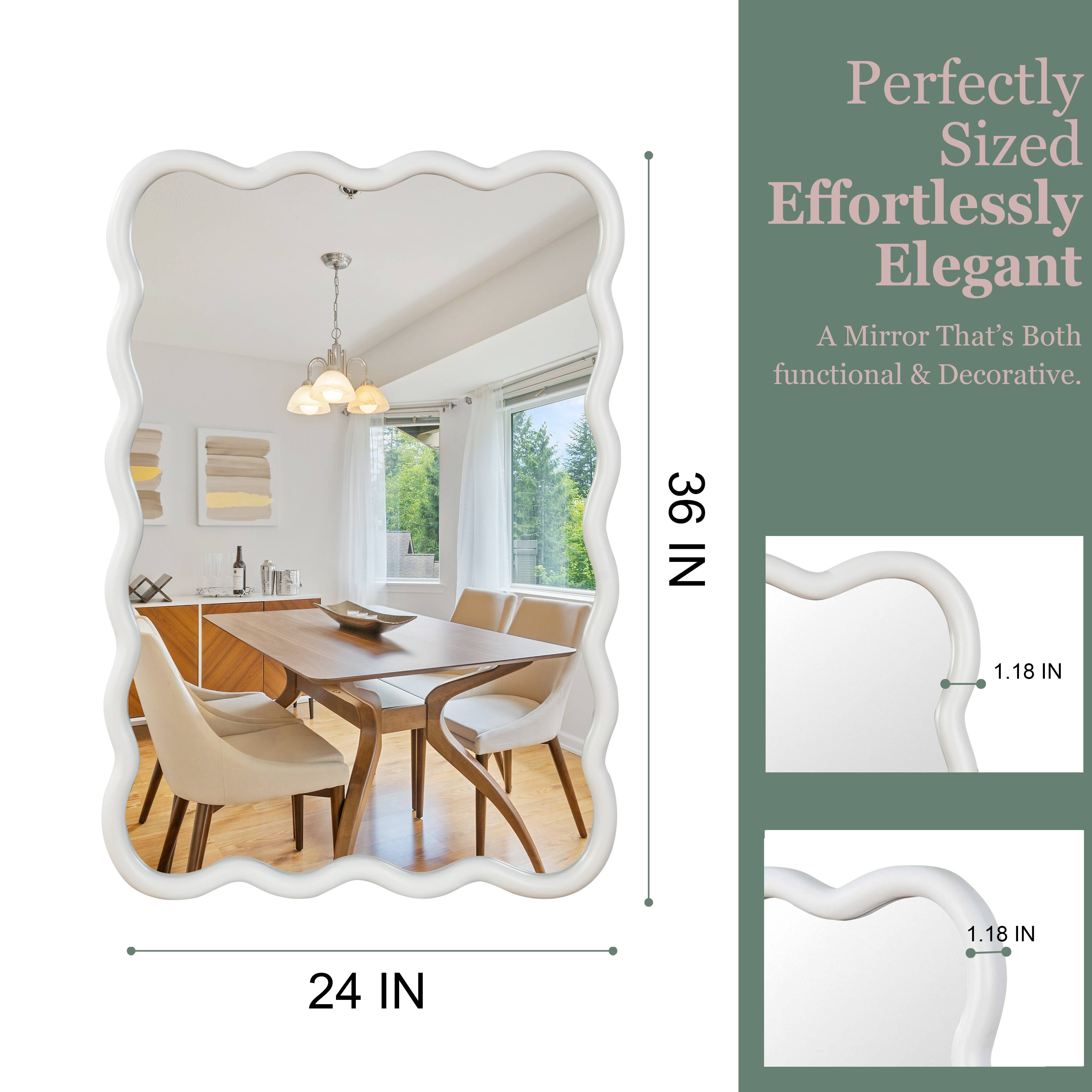 Perfectly Sized Effortlessly Elegant  
A Mirror That's Both functional & Decorative.  

36 IN  
1.18 IN  
1.18 IN  
24 IN