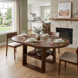 Loheer - Extendable Round Dining Table, Round-to-Oval Table for 4 to 6 People - Walnut