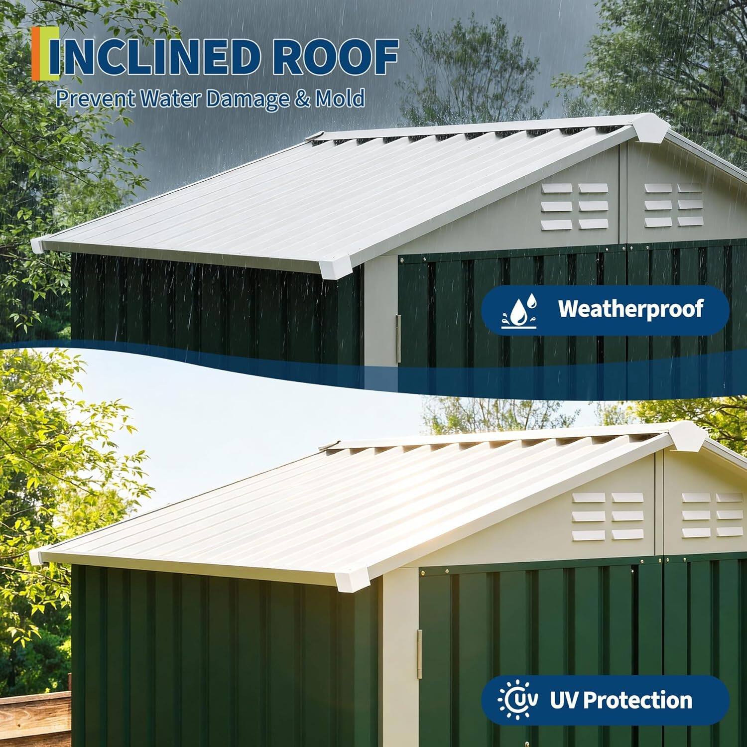 INCLINED ROOF  
Prevent Water Damage & Mold  

Weatherproof  

UV Protection