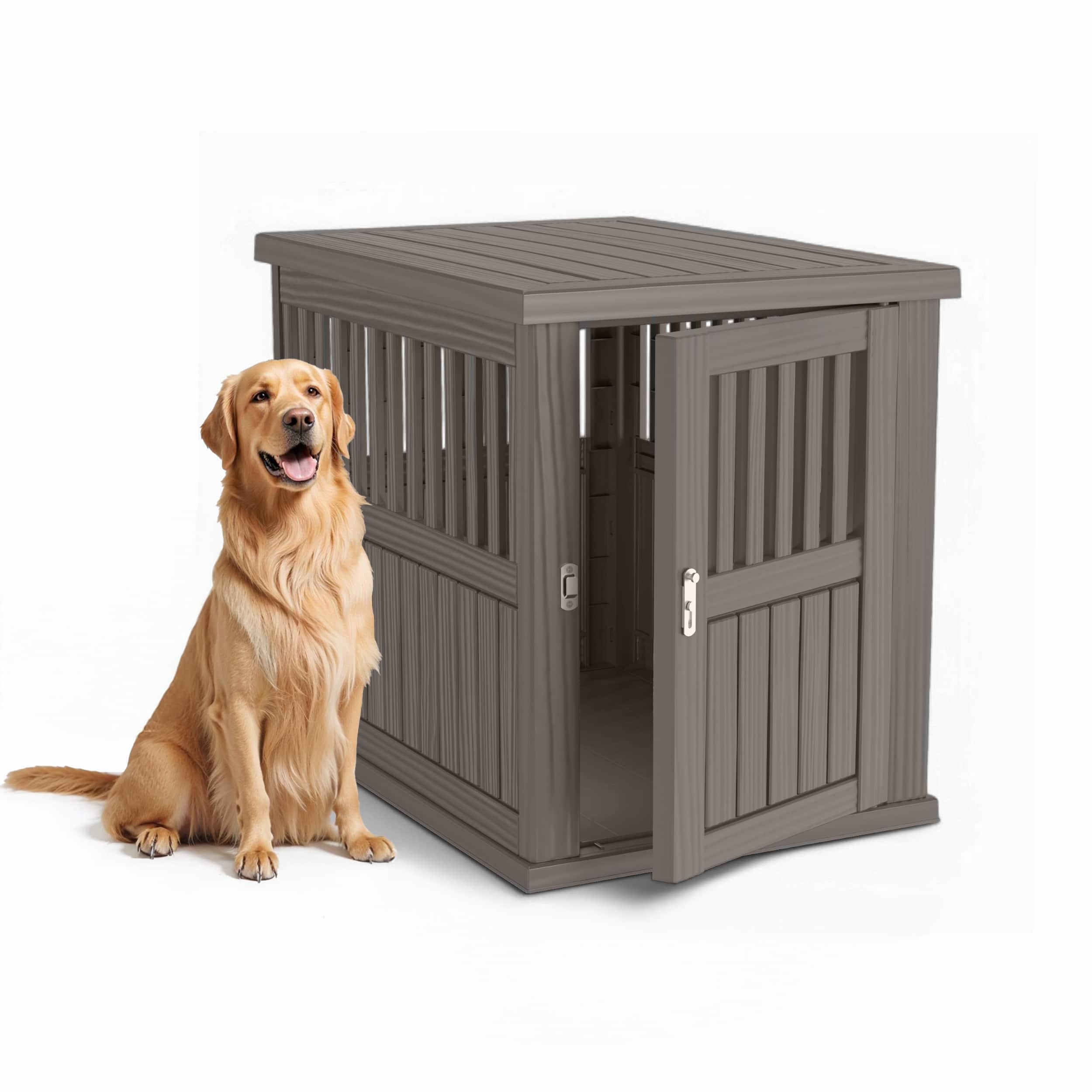Yardgrace - 128 Indoor/Outdoor Dog Kennel with Elevated Floor – Weatherproof Plastic Dog House for Small Dogs - Brown