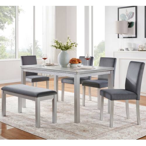 Alt View 2. LUCKY ONE - 6-Piece Crystal Decoration Dining Set with 58.5" Rectangular Dining Table, Bench and 4 Upholstered Chairs - Silver grey.