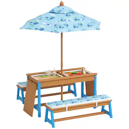 Front. Qaba - Wooden Table and Bench Set with Foldable Umbrella, Removable Cushions, Dinosaur Theme Children Activity Table - Blue.
