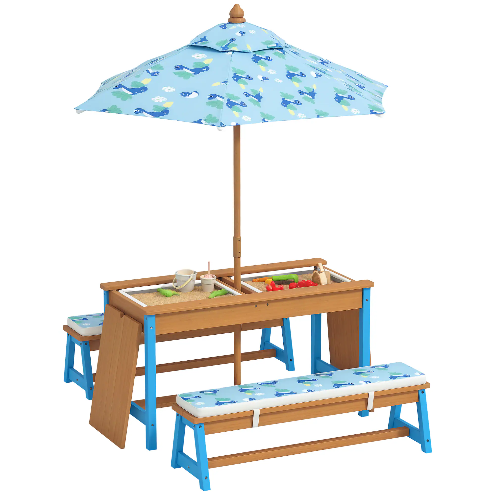 Qaba - Wooden Table and Bench Set with Foldable Umbrella, Removable Cushions, Dinosaur Theme Children Activity Table - Blue