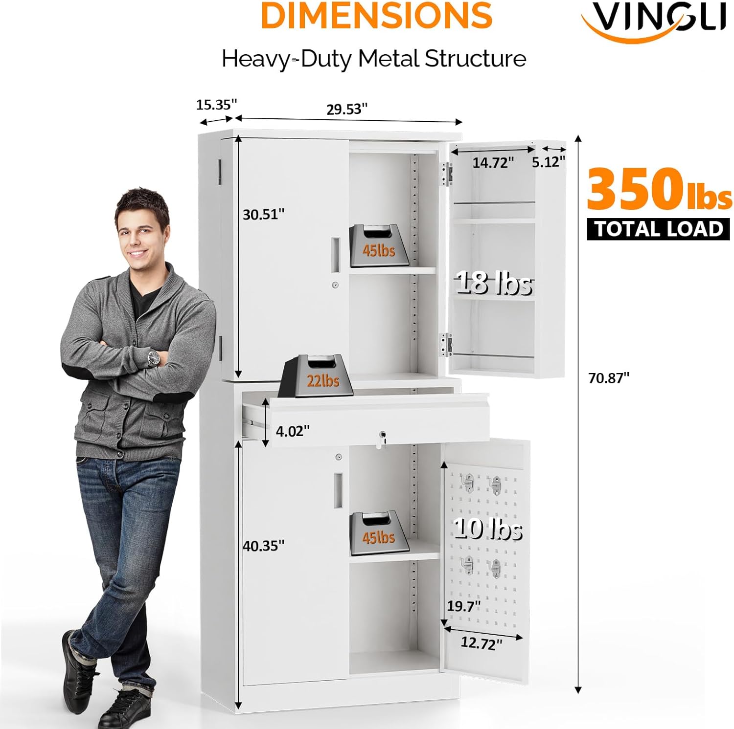 DIMENSIONS  
Heavy-Duty Metal Structure  

15.35"  
29.53"  
30.51"  
45 lbs  
14.72"  
5.12"  
350 lbs TOTAL LOAD  
18 lbs  
22 lbs  
70.87"  
4.02"  
40.35"  
45 lbs  
10 lbs  
19.7"  
12.72"