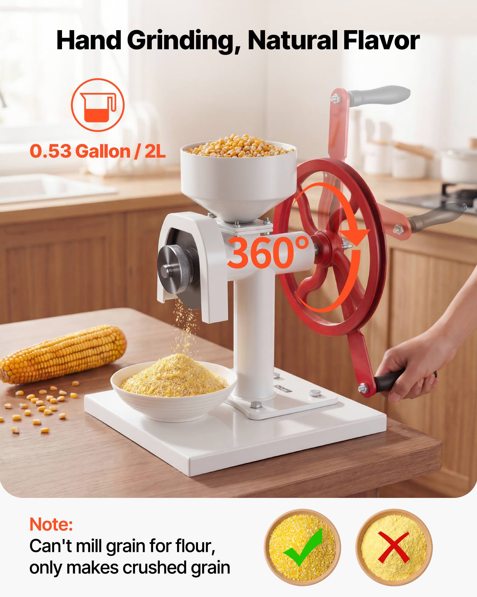 Hand Grinding, Natural Flavor  
0.53 Gallon / 2L  
360°  

Note: Can't mill grain for flour, only makes crushed grain