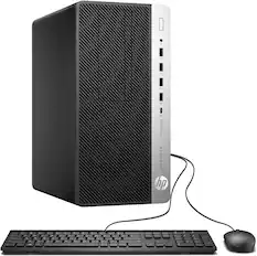 Front. HP - HP ProDesk 600G4 Tower Desktop PC, Intel i7-8700 (3.4), 16GB DDR4 RAM, 1TB SSD, Keyboard + Mouse, Wi-Fi + BT, Win11 Pro - Black.