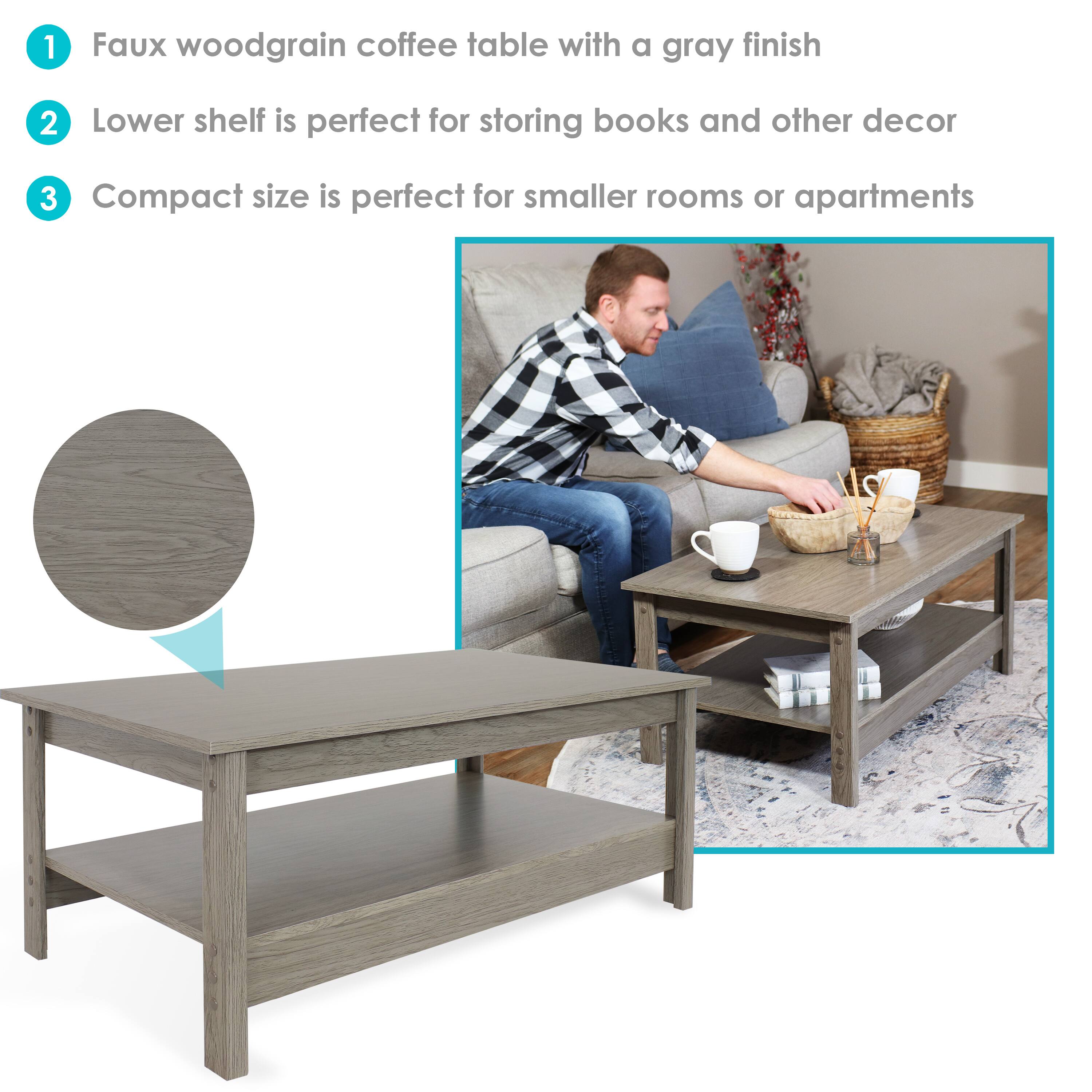 1. Faux woodgrain coffee table with a gray finish
2. Lower shelf is perfect for storing books and other decor
3. Compact size is perfect for smaller rooms or apartments