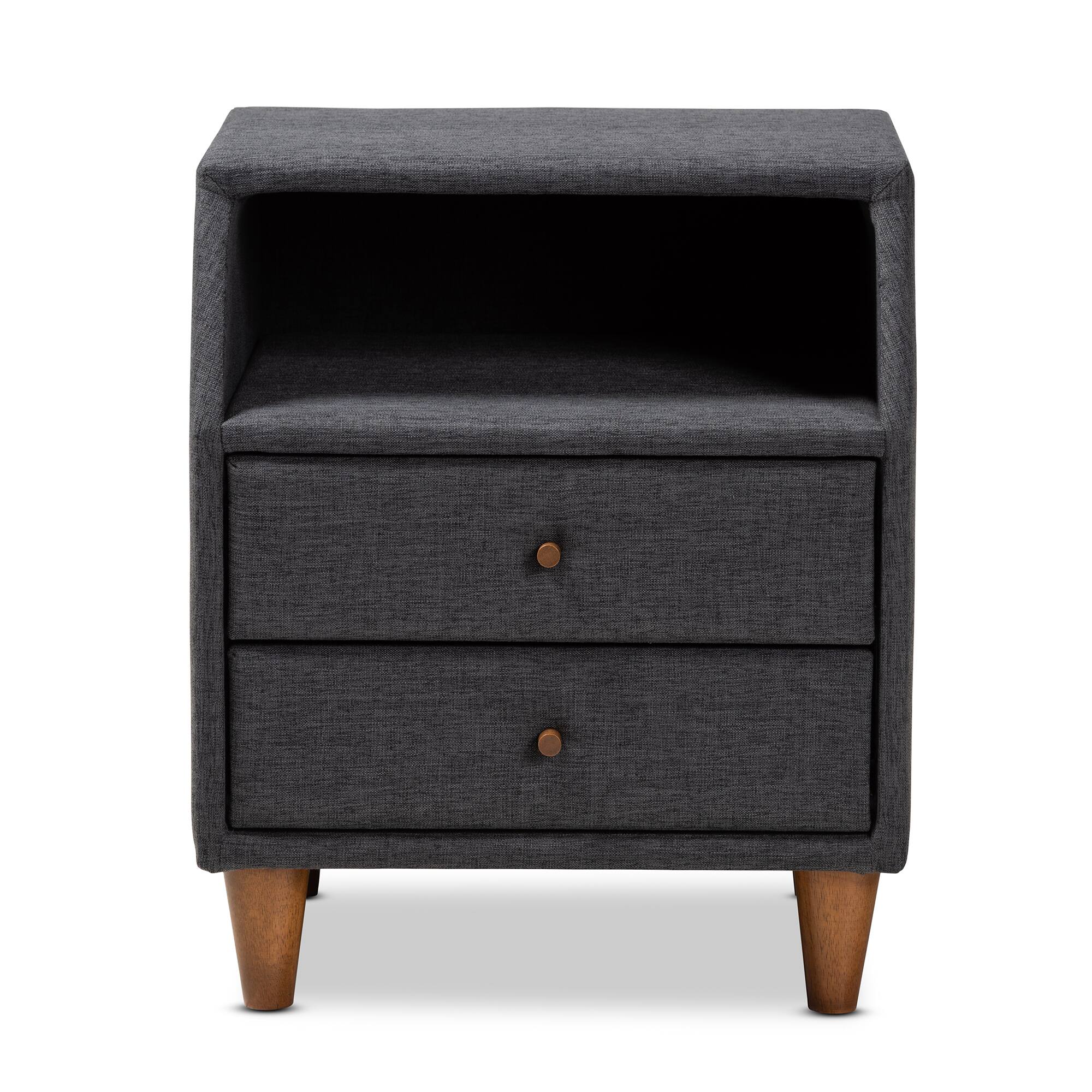 Left. Baxton Studio - Claverie Mid-Century Modern Charcoal Fabric Upholstered 2-Drawer Wood Nightstand - Charcoal.