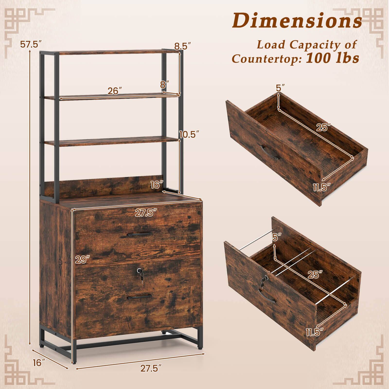 Dimensions  
Load Capacity of Countertop: 100 lbs  

57.5"  
27.5"  
16"  
27.5"  
29"  
16"  
27.5"  
25"  
11.5"  
5"  
25"  
11.5"  
5"  
26"  
10.5"  
16"  
8"  
8.5"