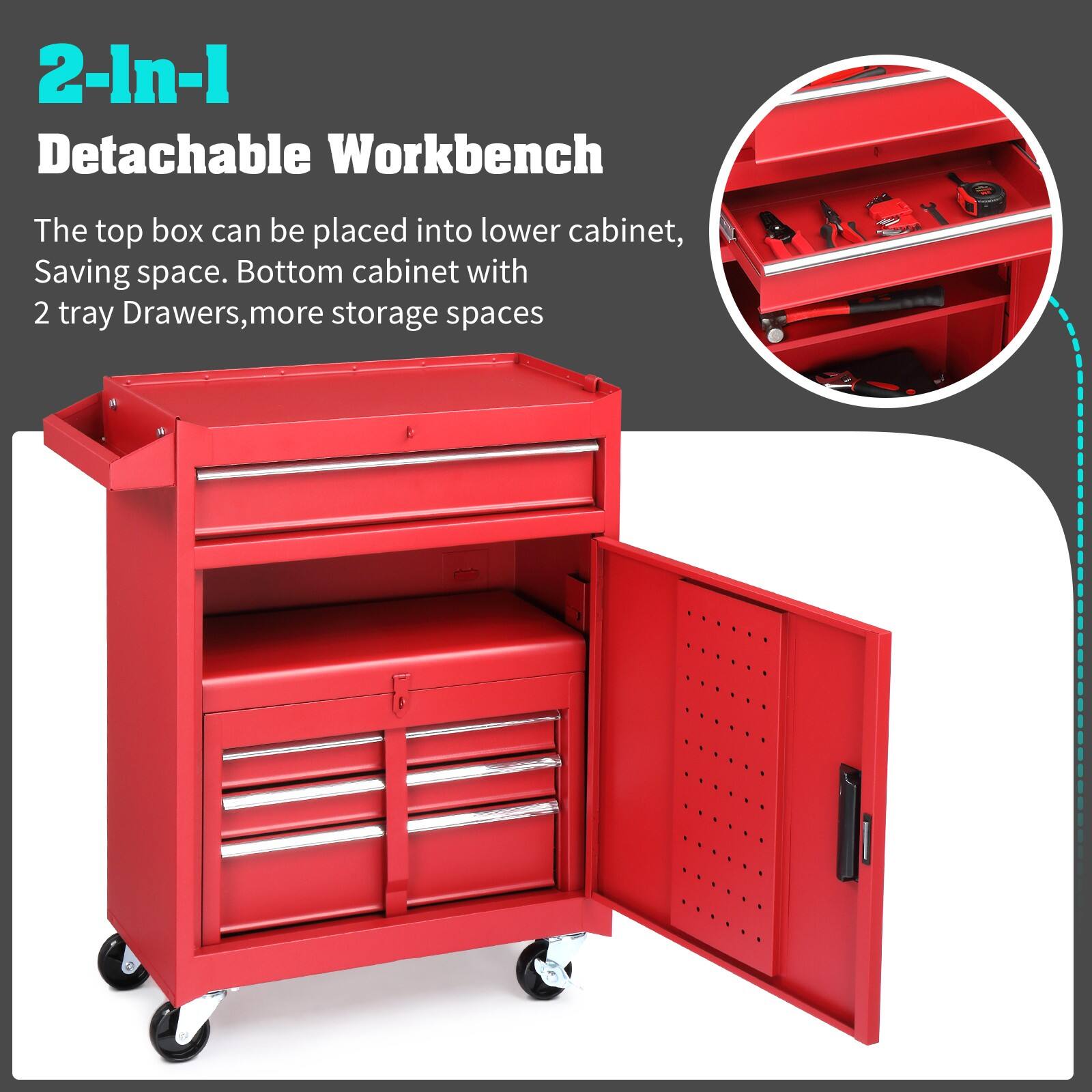 2-In-1 Detachable Workbench

The top box can be placed into lower cabinet, Saving space. Bottom cabinet with 2 tray Drawers, more storage spaces