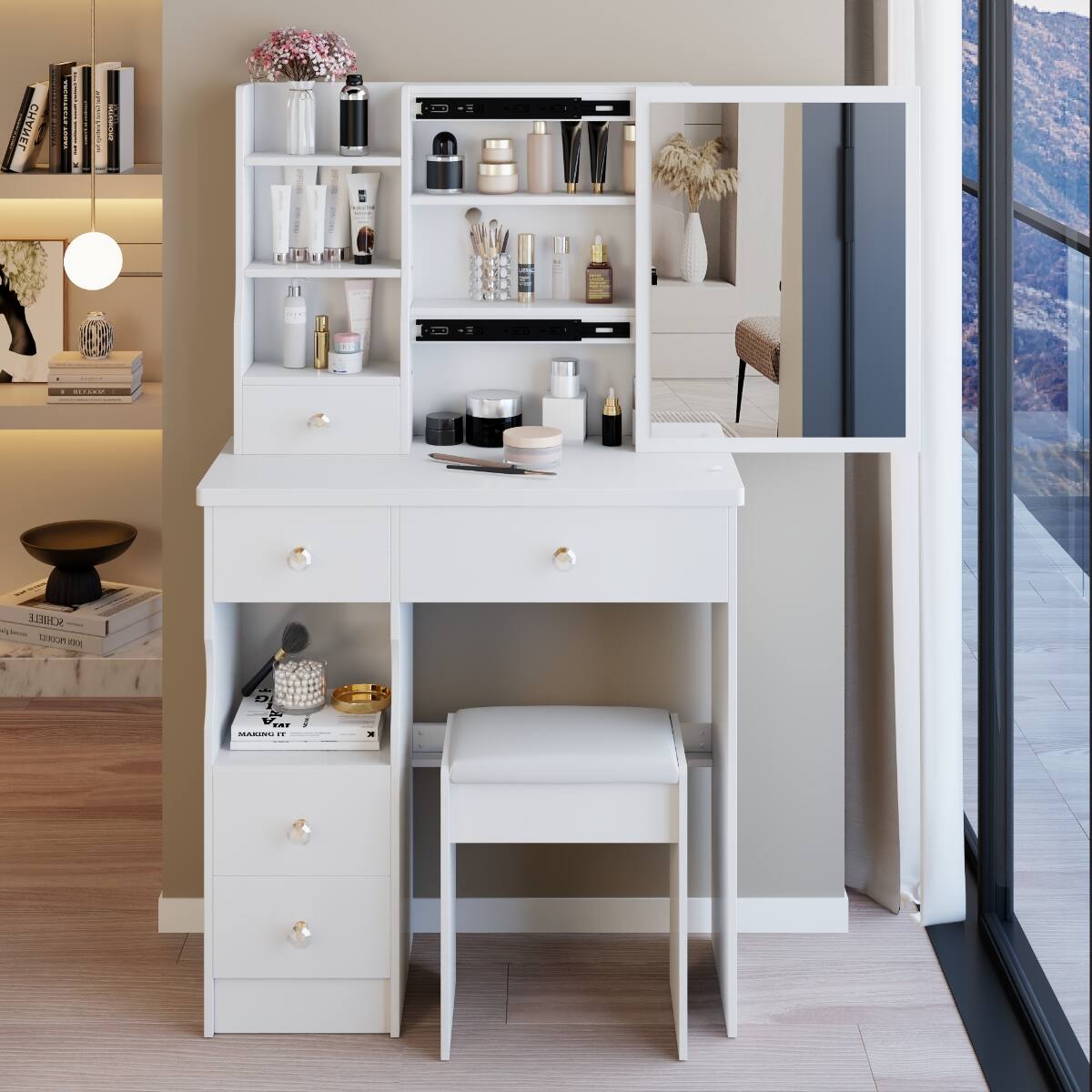 Loheer - Small Space Vanity Table with Padded Stool, MDF, Sliding Mirror and Multi Layer Storage - White