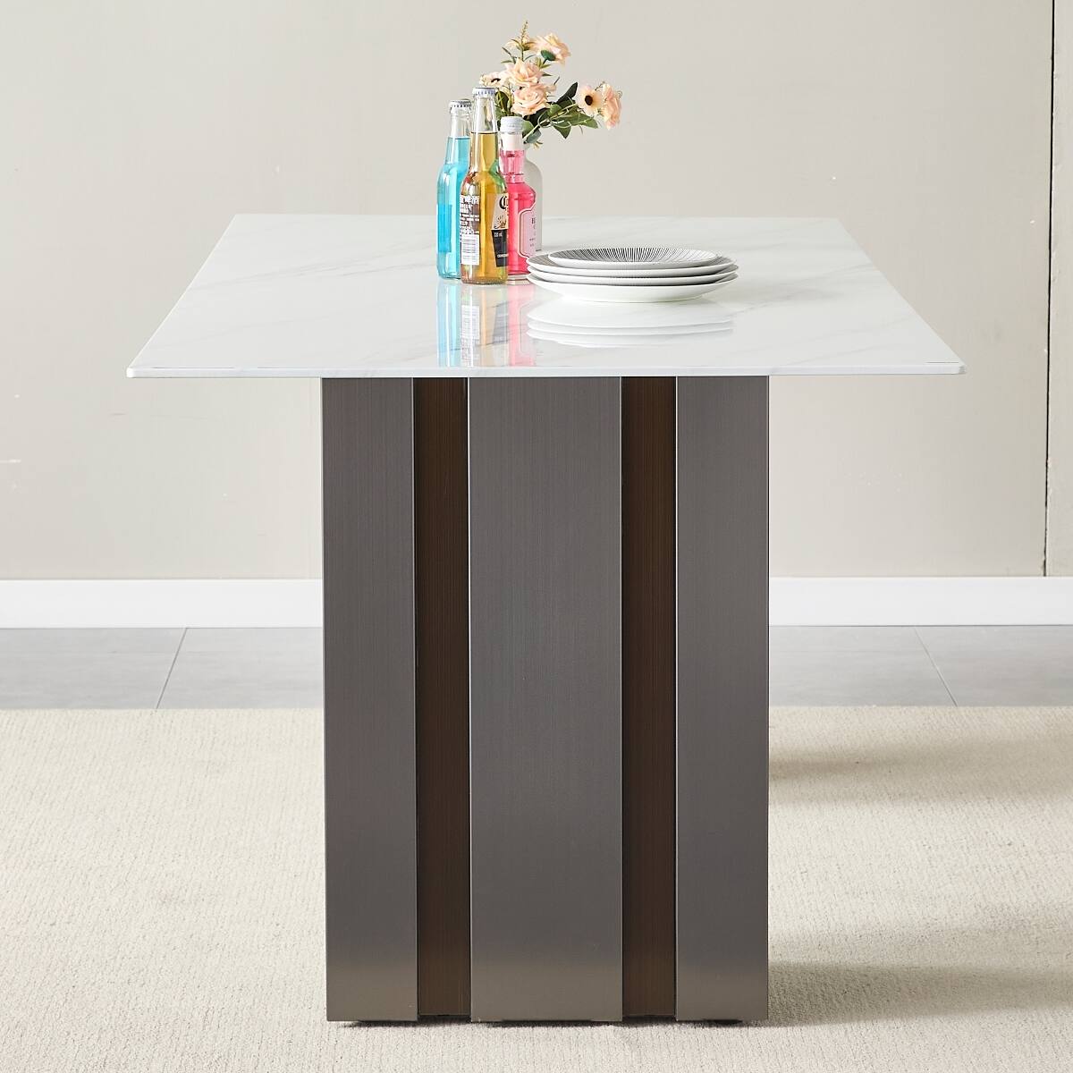 Alt View 2. Loheer - Loheer Rectangular Dining Table, White Marble Look Tempered Glass, Modern Dining Table for Six - Gray and White.