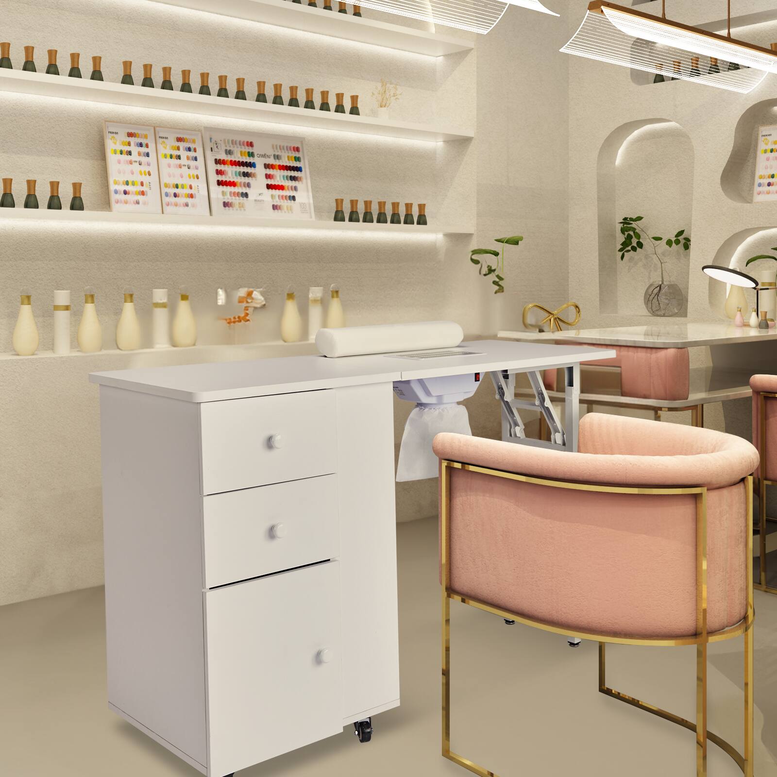 Back. Winado - Foldable Manicure Table Nail Table Nail Desk Station with Electric Dust Collector & Drawers & Bottom Cabinet for Beauty - White.