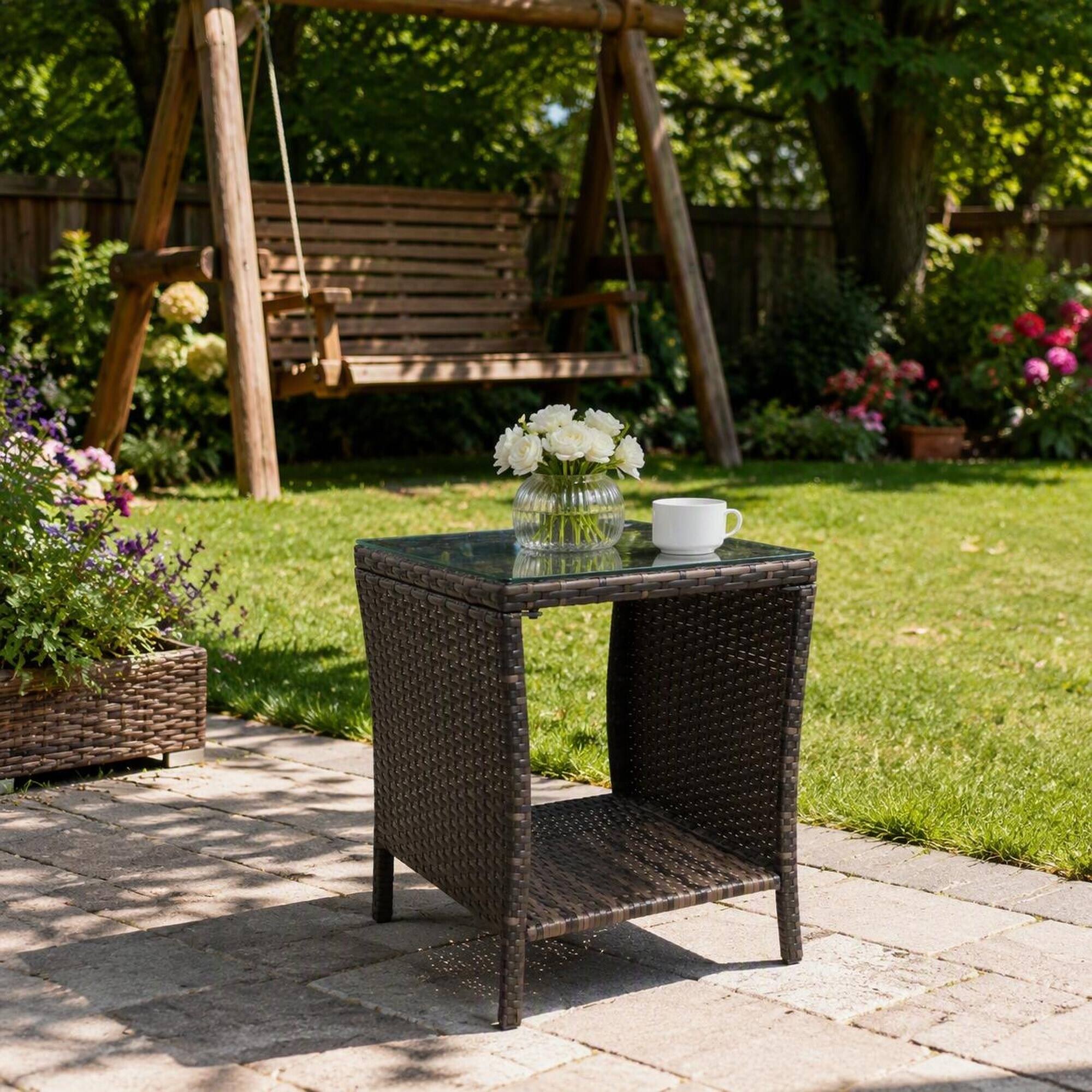 Alt View 2. RYHNUYNE - Brown Wicker Coffee Table with Clear Tempered Glass Top, Weather-Resistant Outdoor Patio Furniture - Brown.