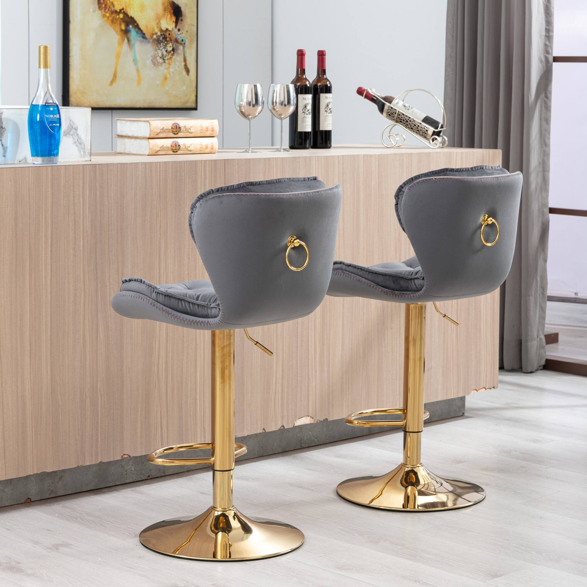 Alt View 6. GOODSILO - Set of 2 Adjustable Swivel Bar Stools with Chrome Footrest and Velvet Upholstery - Grey.