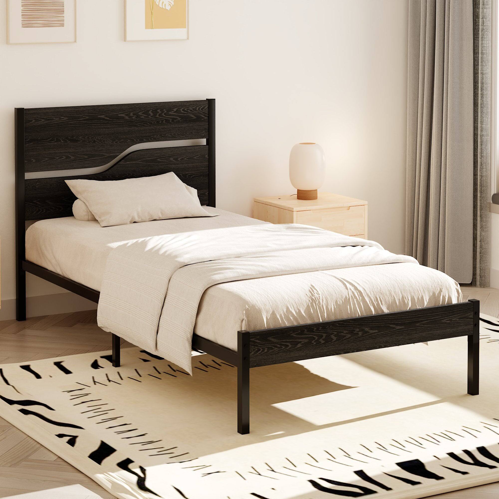 Alt View 2. Vecelo - Queen Size Bed Frame with Wood Headboard, Heavy Duty Metal Platform with Storage, Noise-Free, No Box Spring Needed - Black.