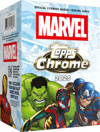 OFFICAL LICENSED MARVEL TRADING CARDS PACK 2025A22 13907 1 MARVEL I 87521. Please visit Tops.com for details. No purchase necessary. Void where prohibited. See back of pack for details. Topps Chrome 2025. Find 1 of 5 exclusive Iron Man Coldblood inserts in every pack. No purchase necessary. Visit Tops.com for details.