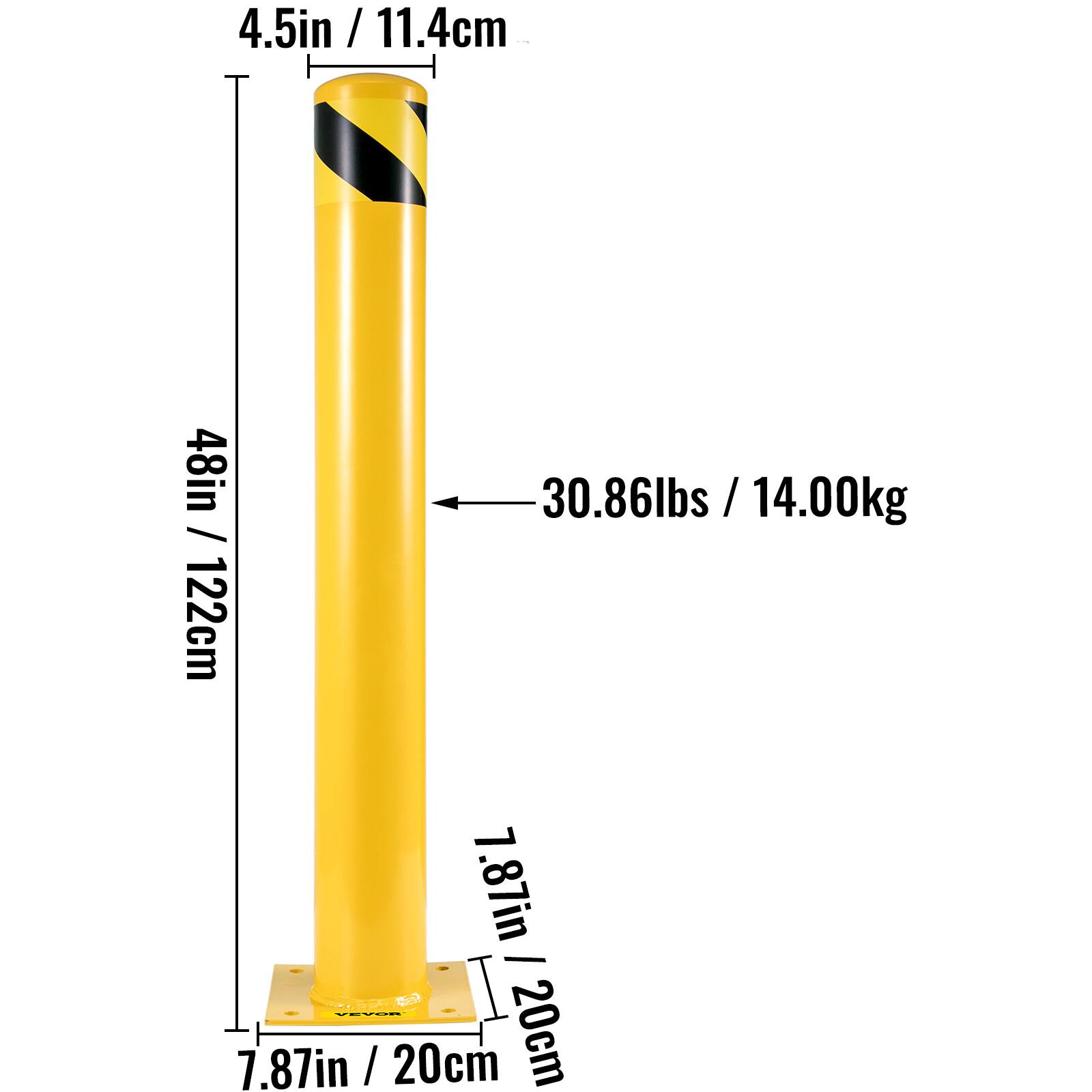 4.5in / 11.4cm  
48in / 122cm  
30.86lbs / 14.00kg  
7.87in / 20cm