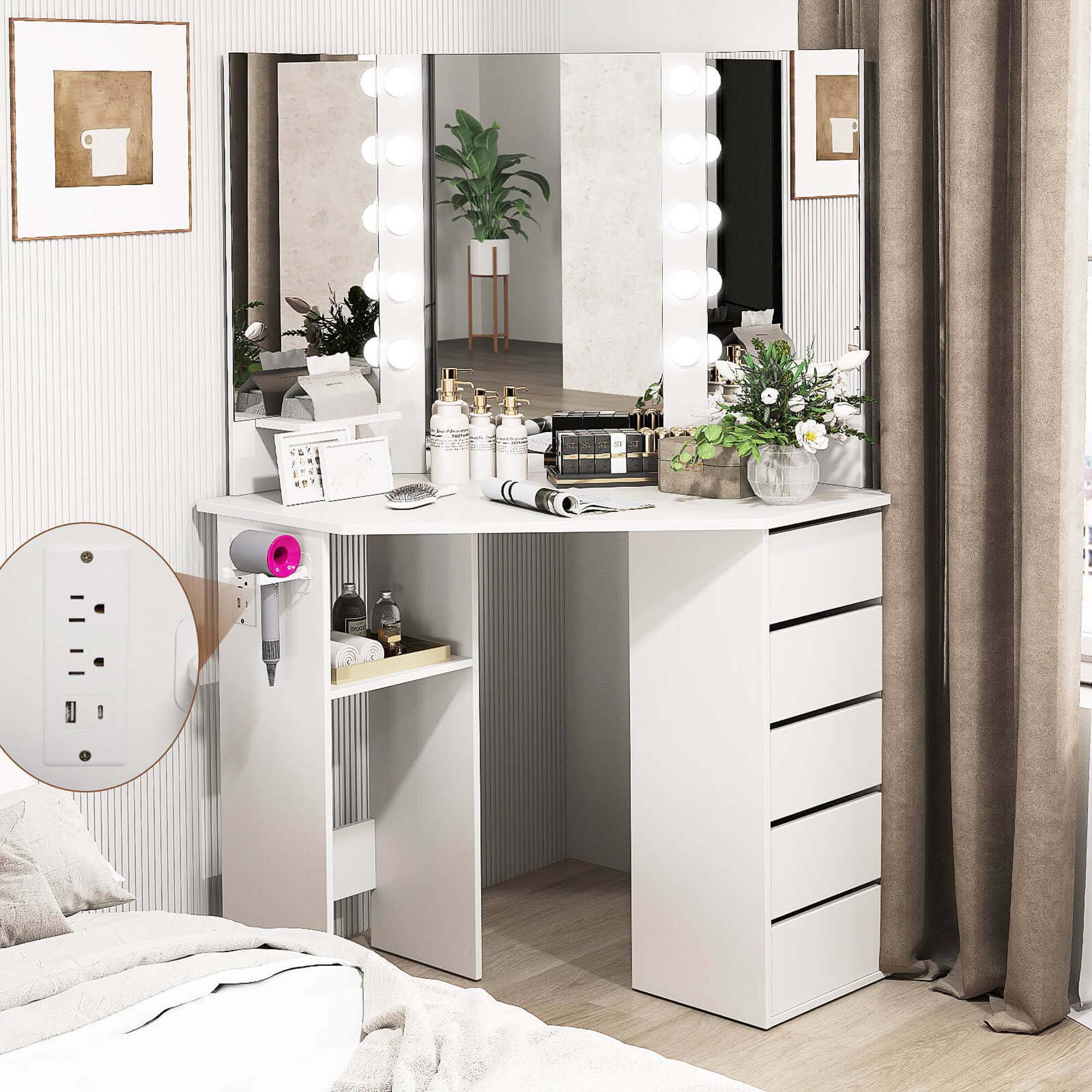 Alt View 1. Costway - Costway Corner Vanity Desk Cosmetic Vanity Station with LED Mirror & Power Outlets White - White.