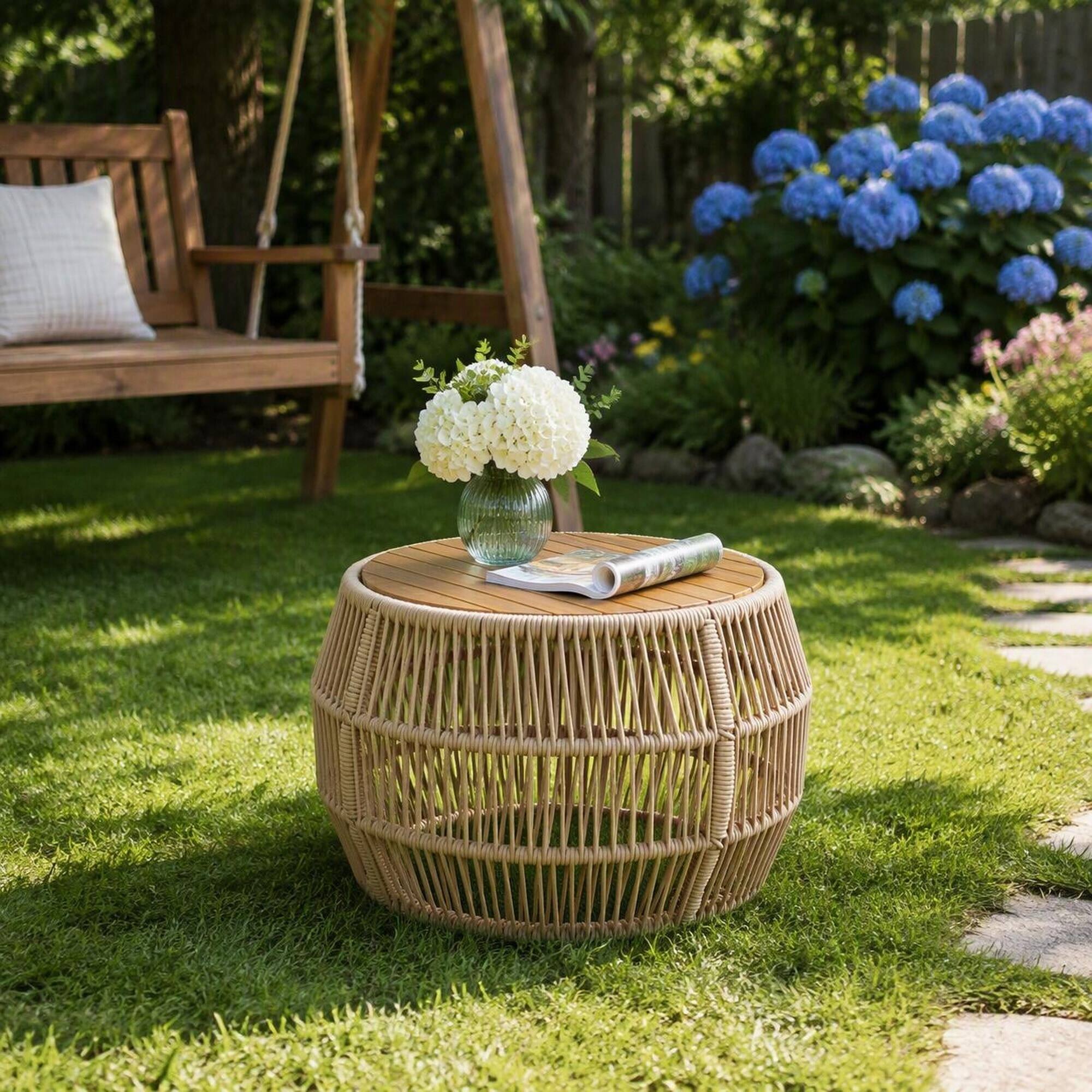 Alt View 2. RYHNUYNE - Outdoor Round Coffee Table,Rattan Rope & Acacia Wood Patio Furniture, \Weather Resistant for Garden Yard Balcony - Light beige,Teak.
